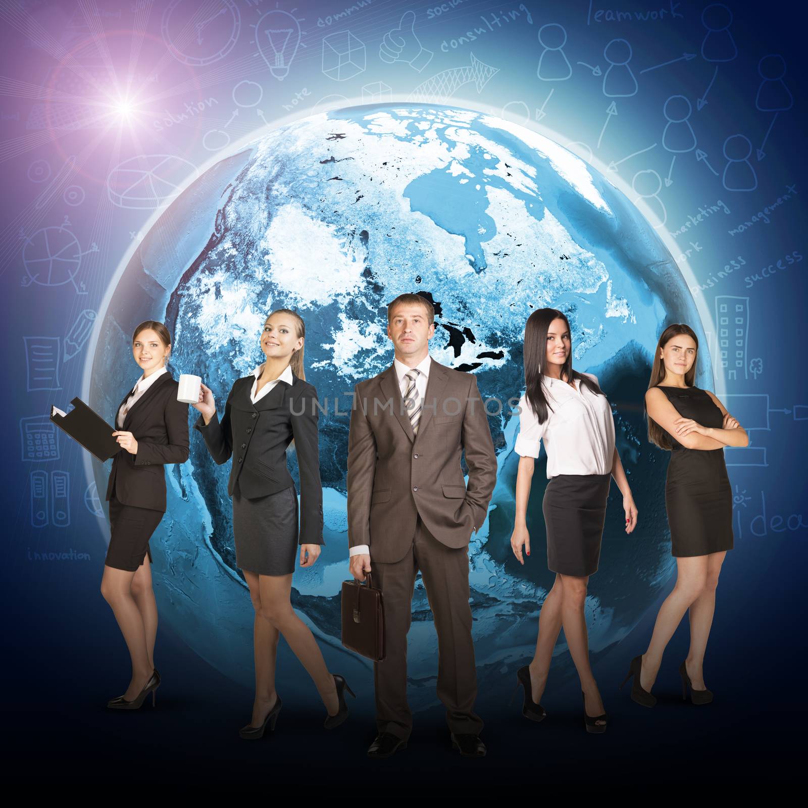 Business people in suits standing on background of Earth.  by cherezoff