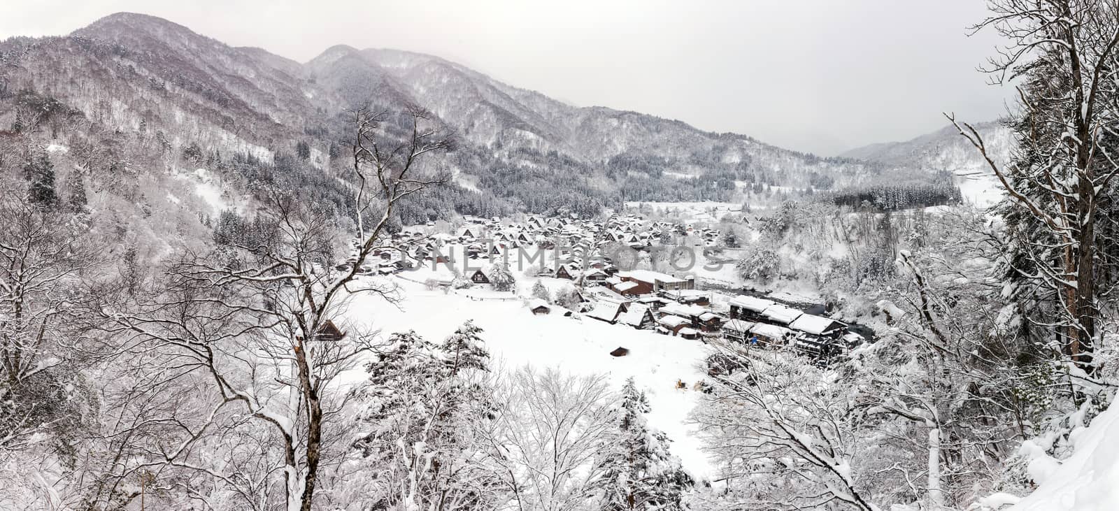 Aerial Shirakawago panorama winter Snow Gifu Chubu Japan