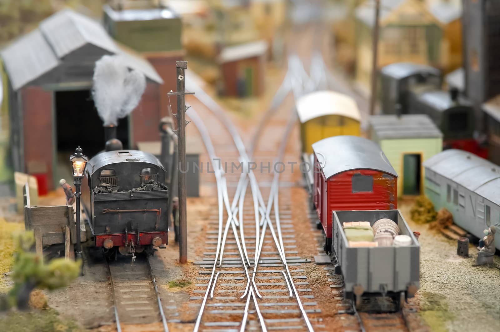 miniature model trains in a freight yard