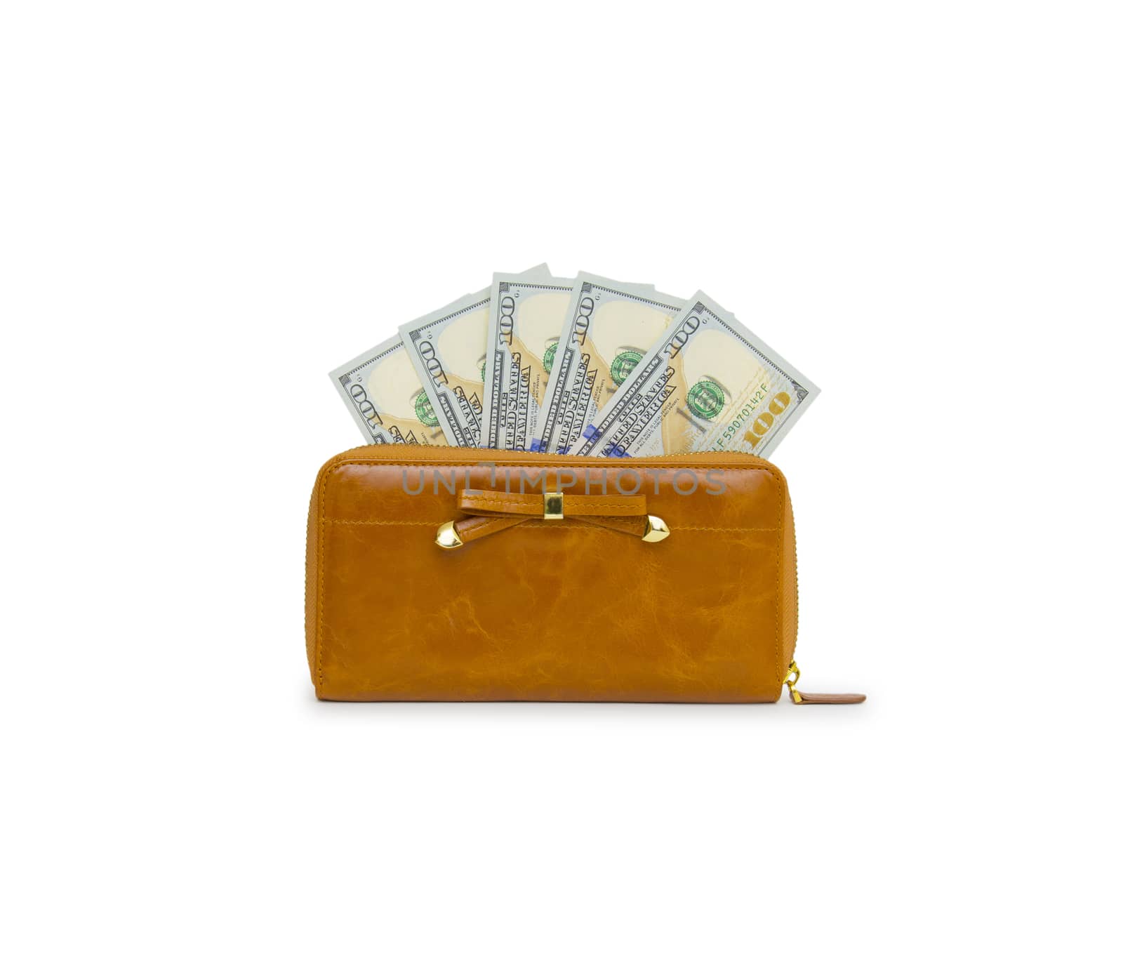 Purse with hundred dollar banknote isolated on white background  by cocoo