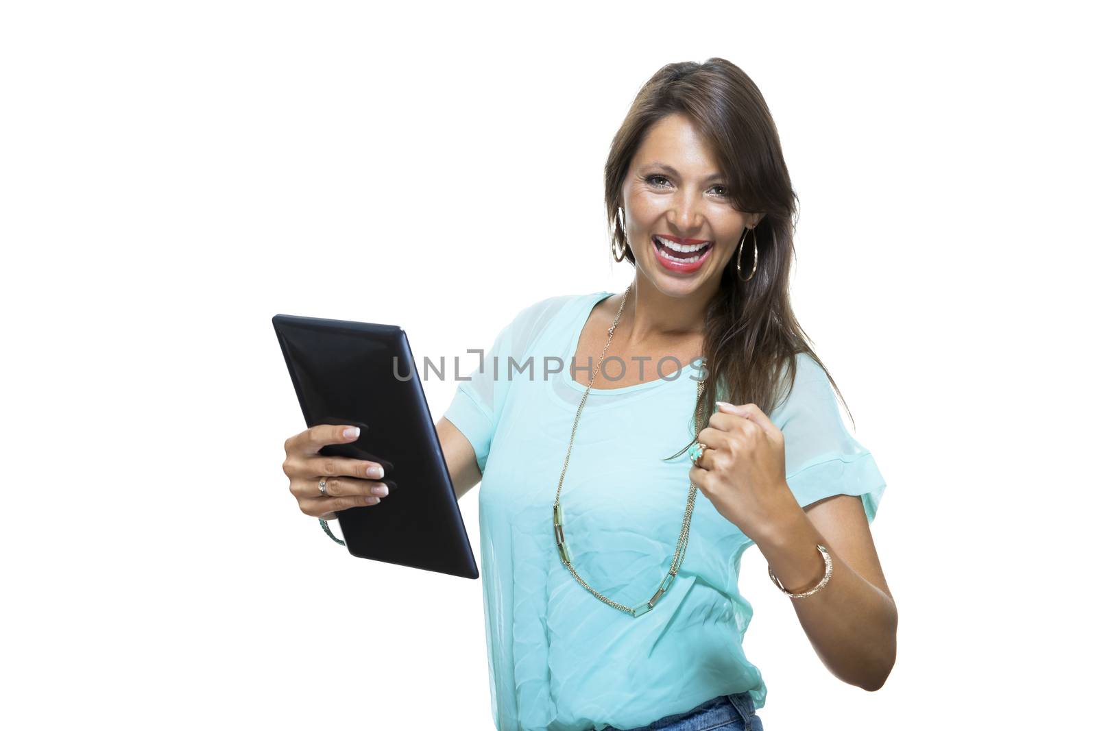 Close up Pretty Young Woman Browsing at her Black Tablet Computer, Isolated on White Background.
