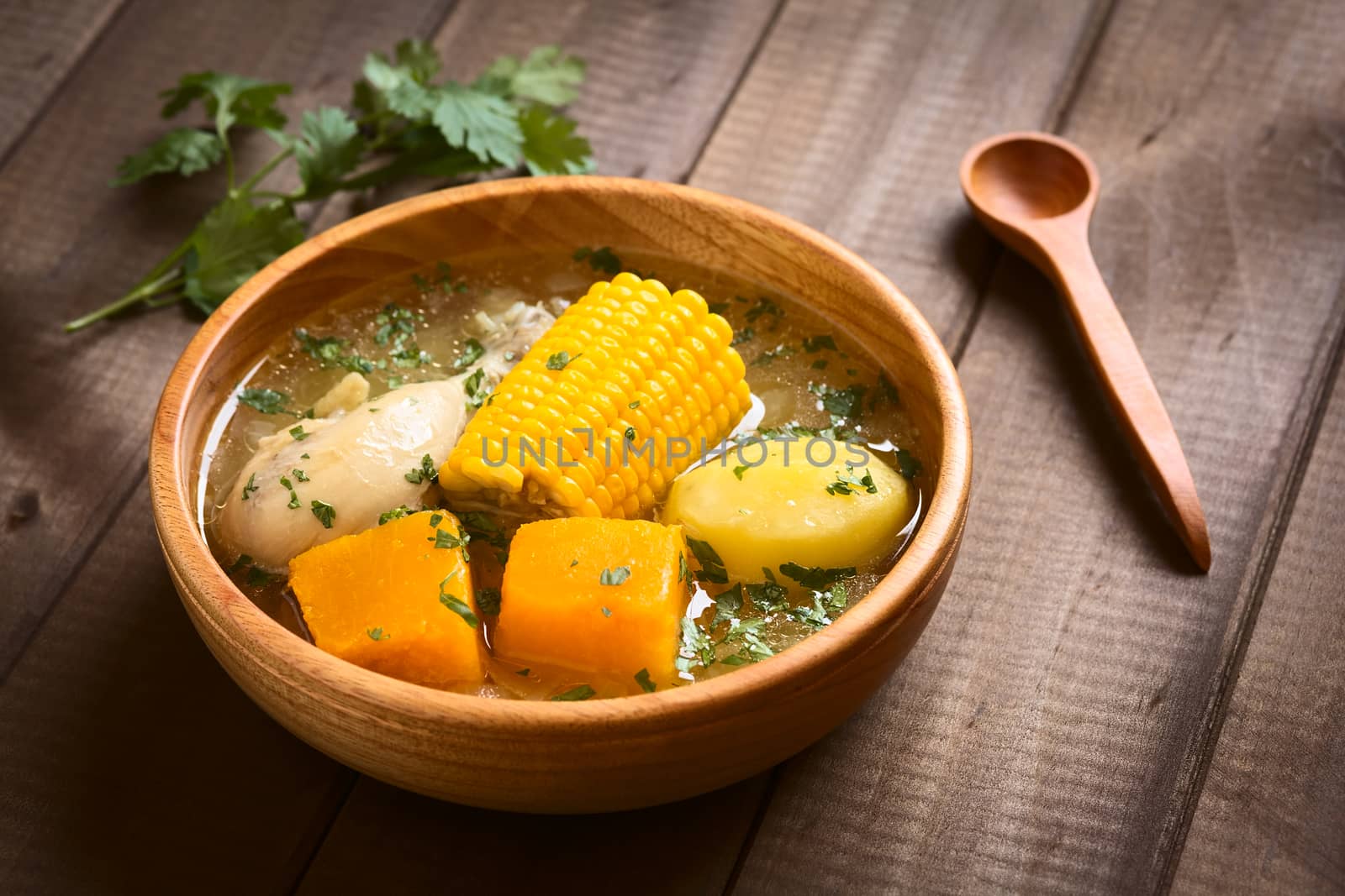 Traditional Chilean Cazuela de Pollo (or Cazuela de Ave) soup made of chicken, sweetcorn, pumpkin and potato, seasoned with fresh coriander served in wooden bowl, photographed on wood with natural light (Selective Focus, Focus one third into the soup)