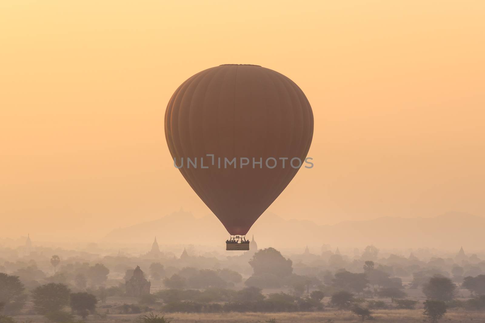 Air balloon above temples of Bagan an ancient city located in the Mandalay Region of Burma, Myanmar, Asia.