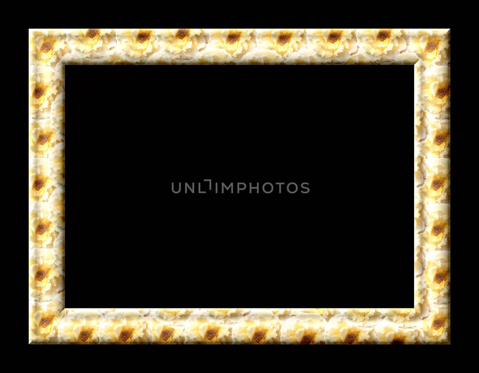 Photo frame with empty teksutroy yellow roses on a black background