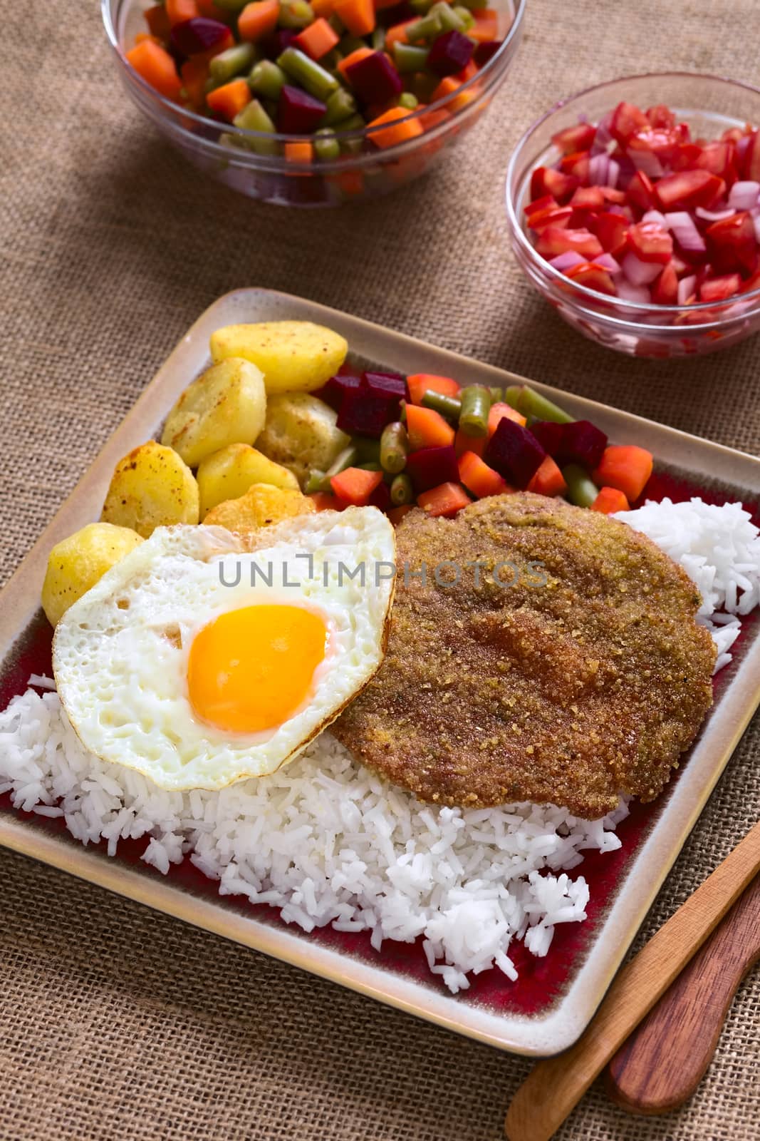 Traditional Bolivian dish called Silpancho, which is the name of the breaded flat, round piece of beef meat, served with fried egg, rice, fried potatoes and vegetables (carrot, bean, beetroot), photographed with natural light (Selective Focus, Focus one third into the dish)