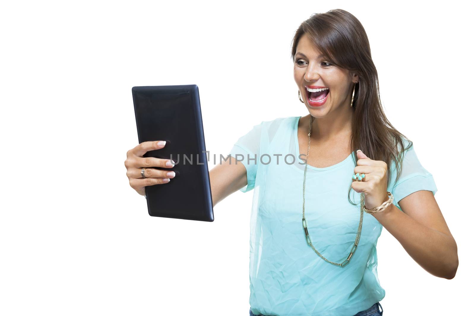 Close up Pretty Young Woman Browsing at her Black Tablet Computer, Isolated on White Background.