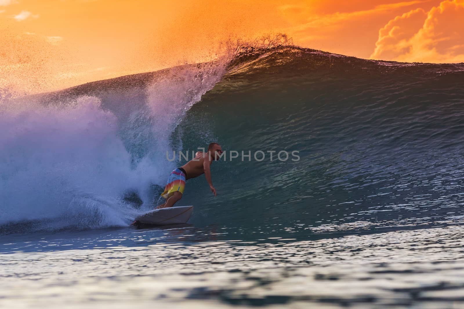 Surfer on Amazing Wave at sunset time, Bali island.