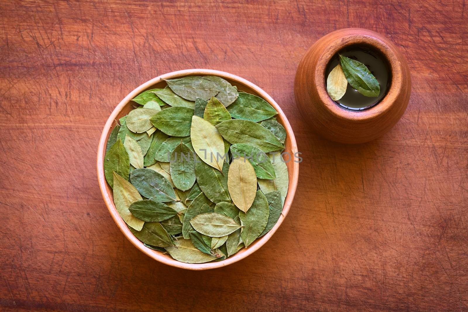 Overhead shot of dried coca leaves in bowl with fresh coca tea (mate de coca) on wood, photographed with natural light 
