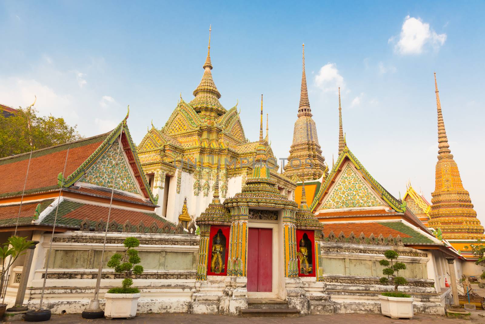 Pagodas of Wat Pho, the Temple of the Reclining Buddha or Wat Phra Chetuphon. Bangkok, Thailand.