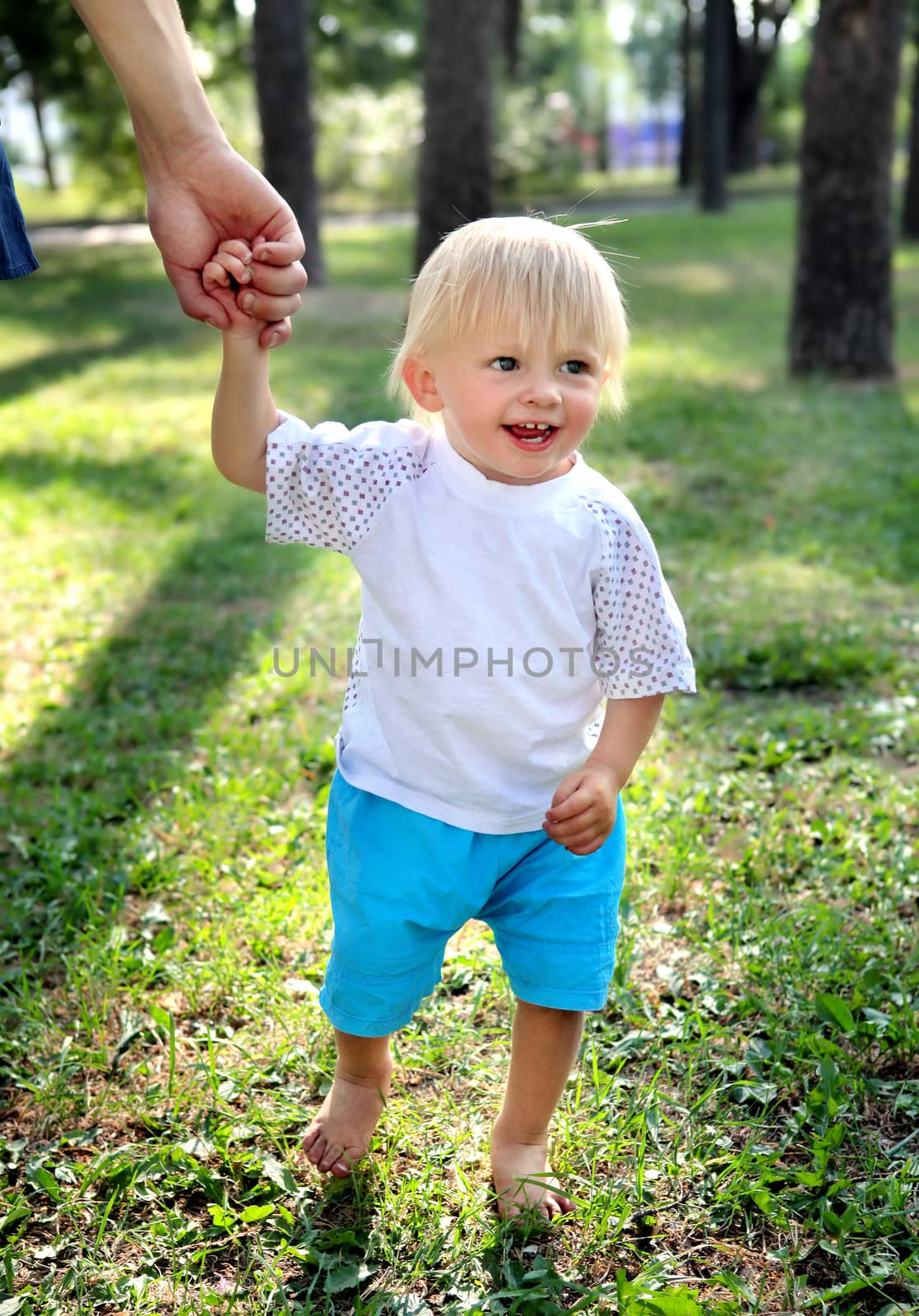 Cheerful Child hold the Parent Hand in the Summer Park