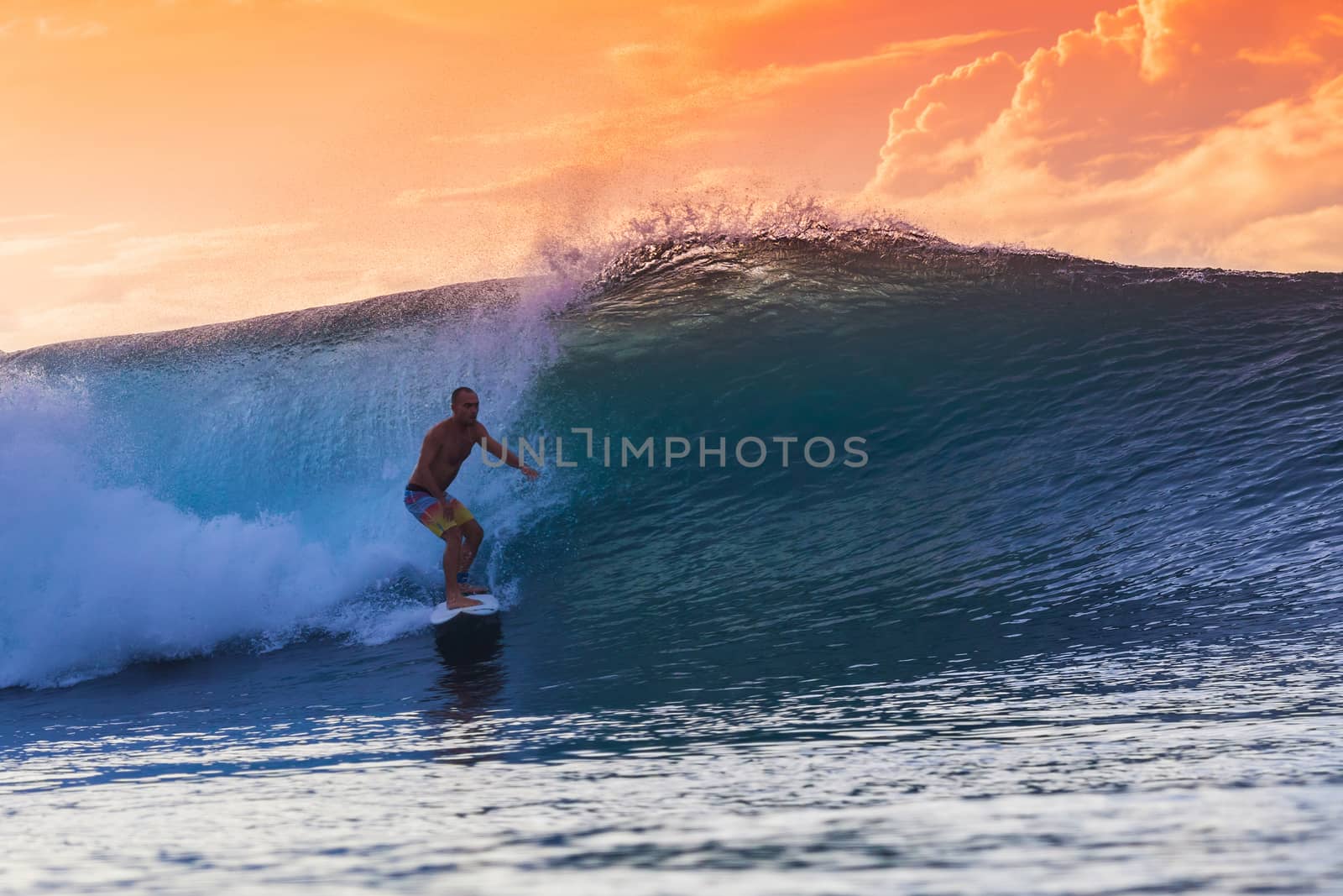 Surfer on Amazing Wave at sunset time, Bali island.