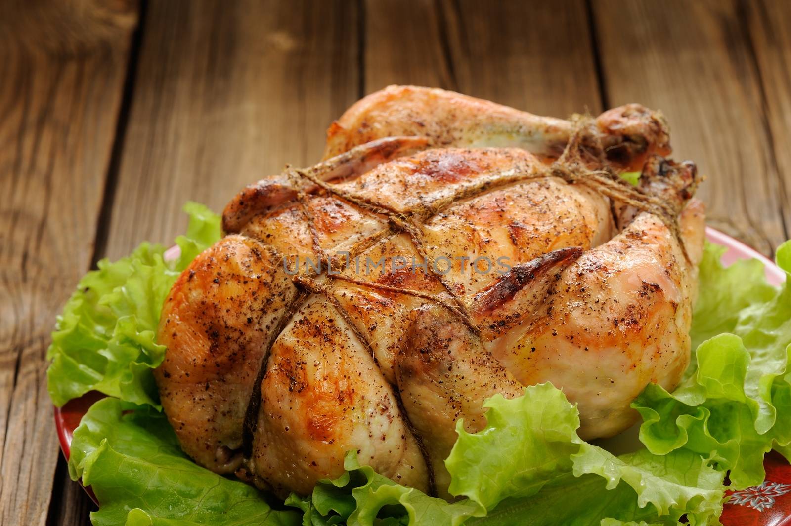 Bondage shibari roasted chicken with salad leaves on red plate on wooden background closeup horizontal