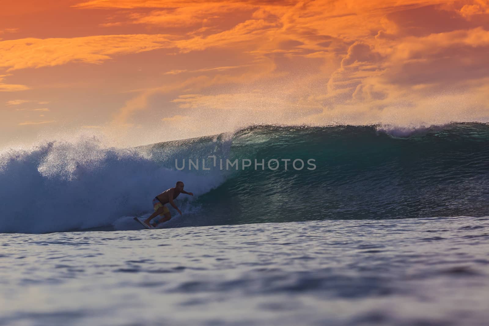 Surfer on Amazing Wave at sunset time, Bali island.