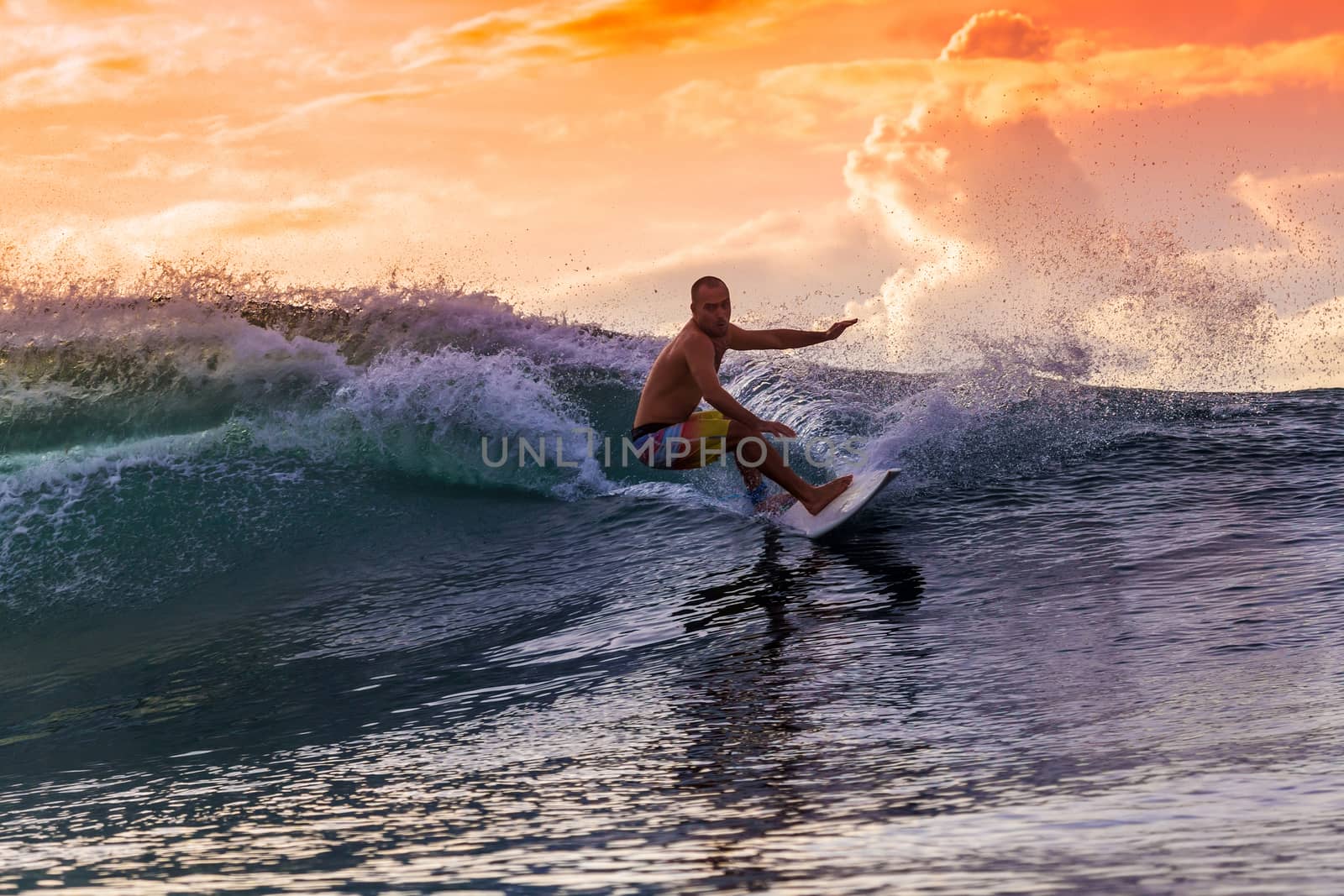 Surfer on Amazing Wave at sunset time, Bali island.