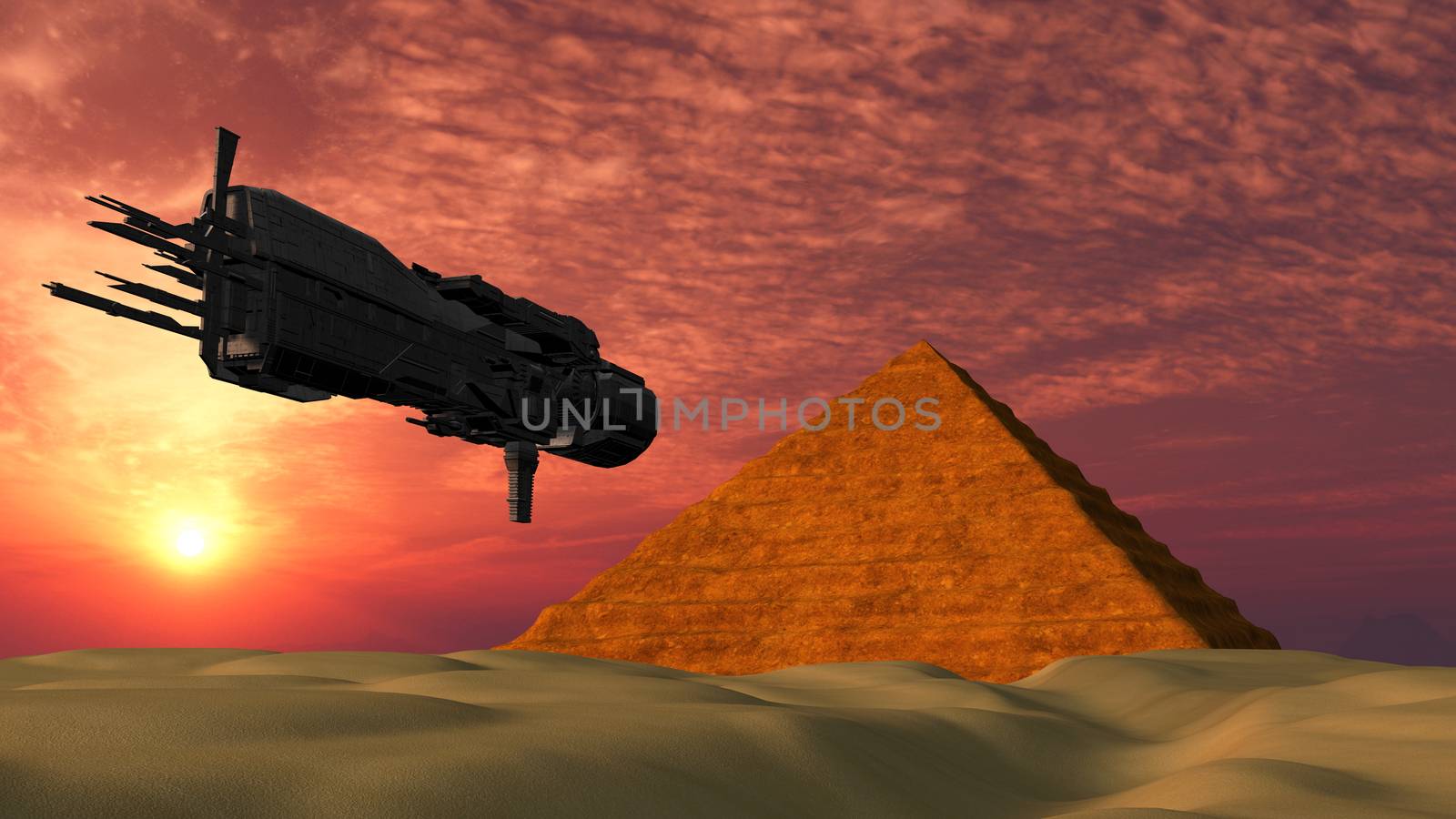 UFO Spaceship Flying towards a Pyramid - Fantasy Alien Illustrations by ankarb