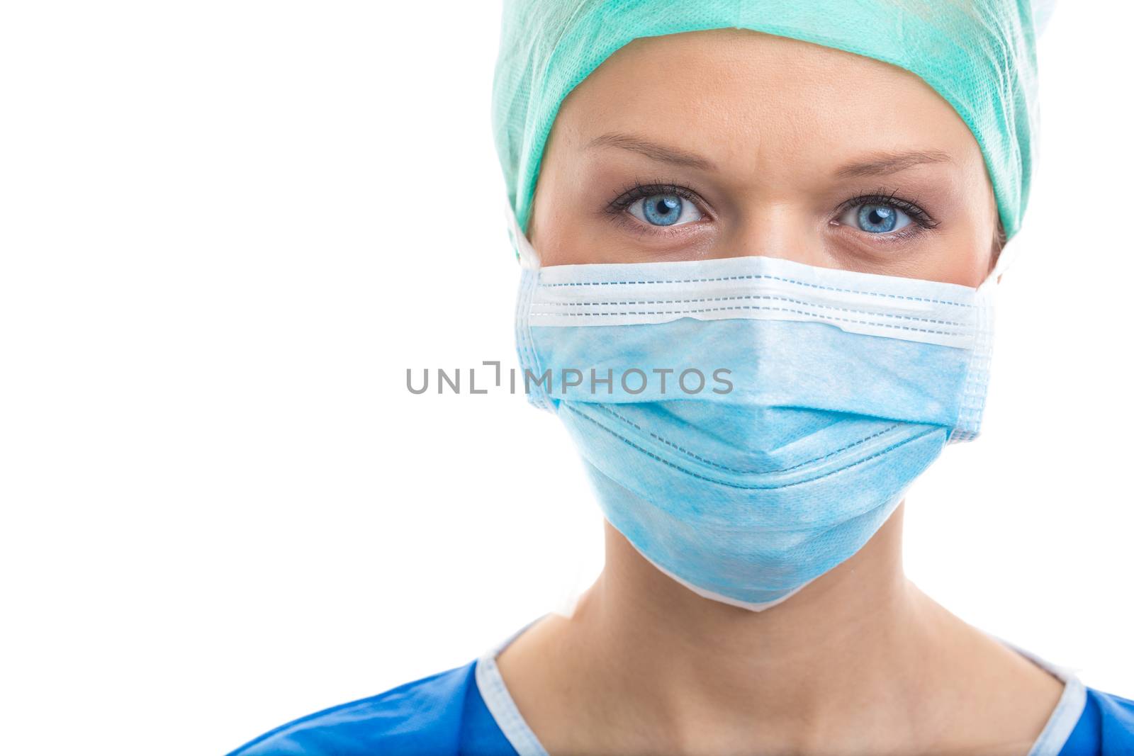 Portrait of a female doctor/surgeon on white background