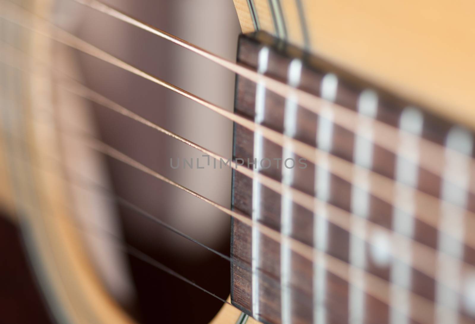 Guitar detail macro of strings and resonance box.