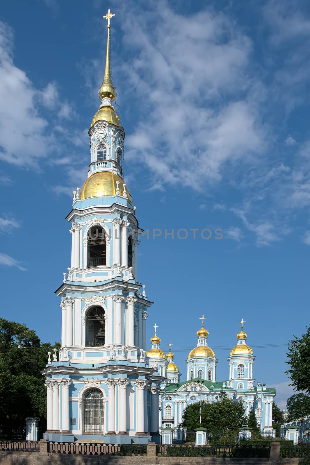 Bell tower of the Cathedral of St. Nicholas in St. Petersburg, Russia along the Kryukov Canal