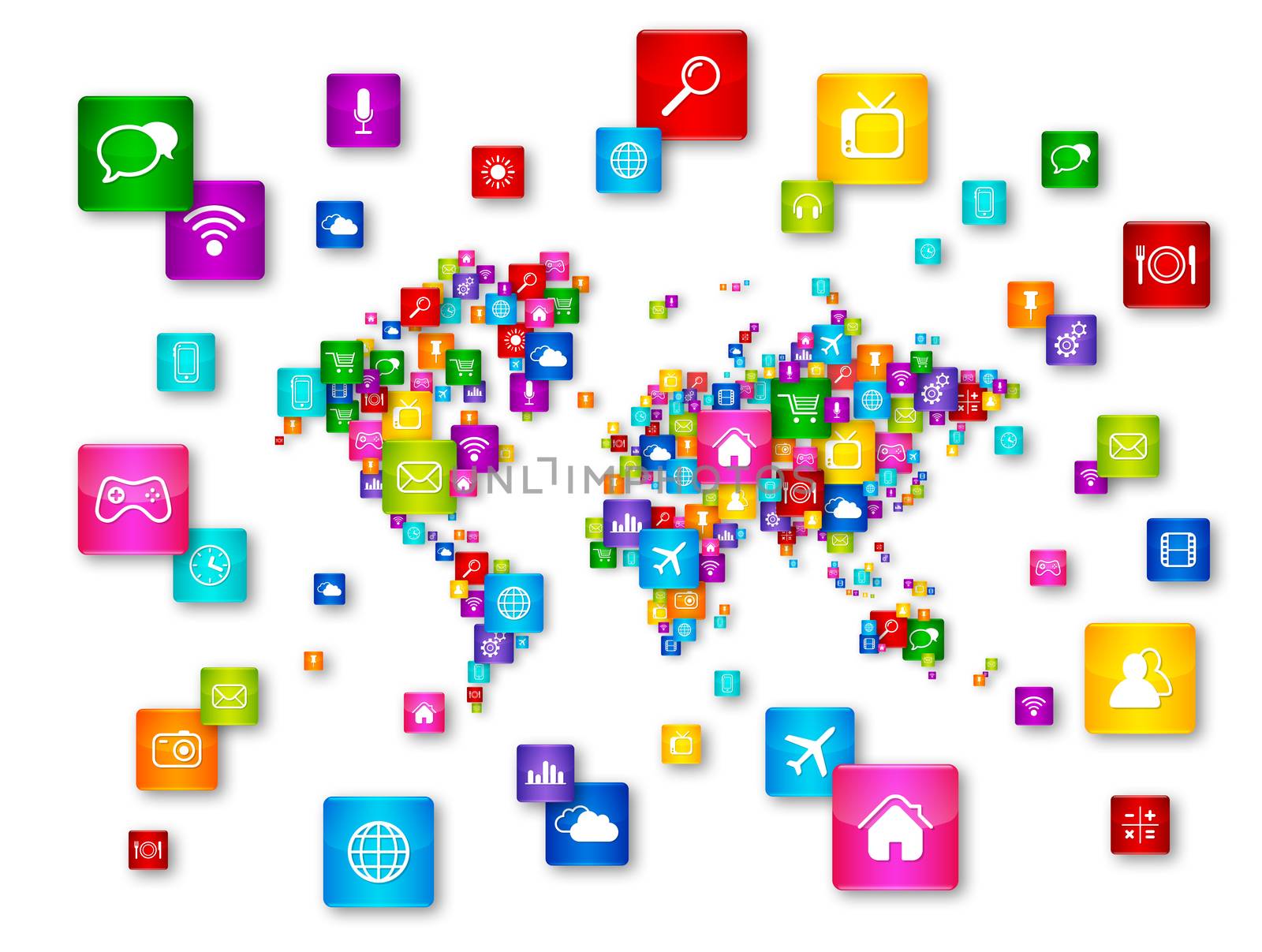 World Map Flying Desktop Icons collection. Cloud Computing concept