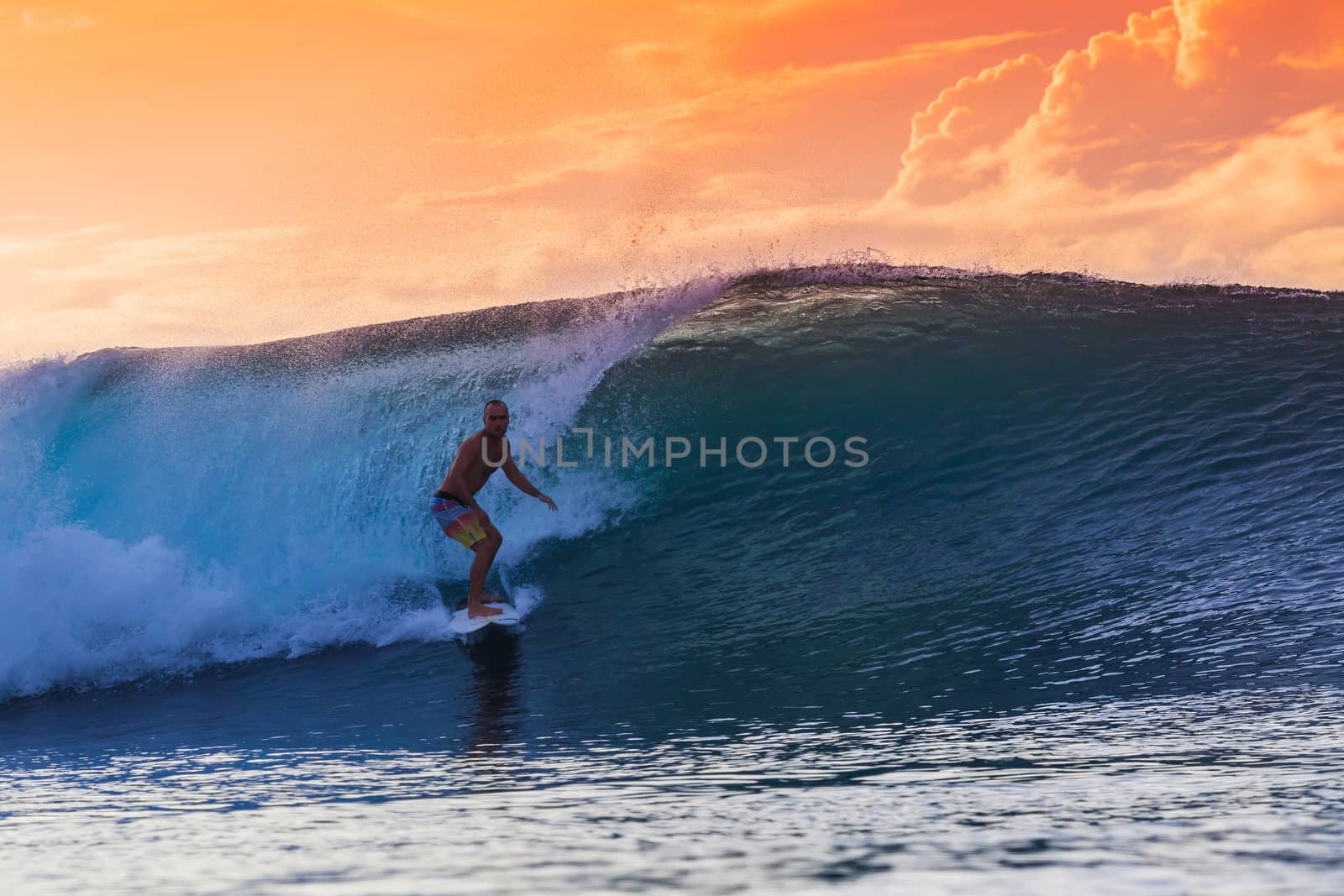 Surfer on Amazing Wave at sunset time, Bali island.