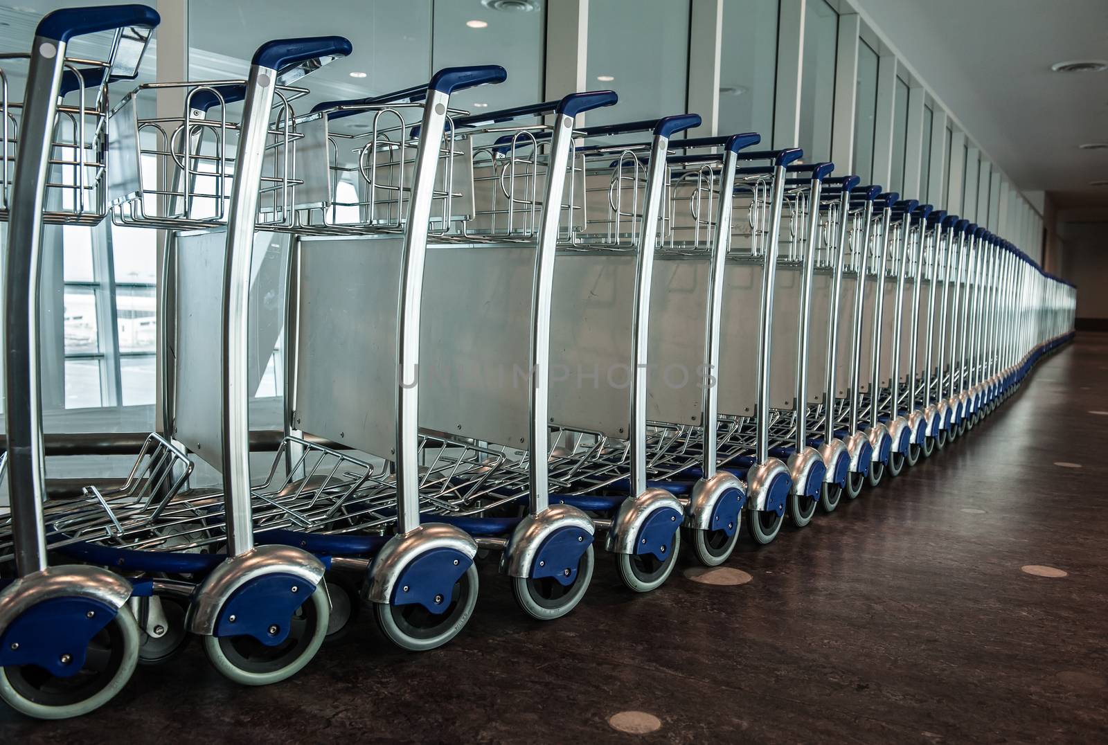 Airport trolleys queued one by one.