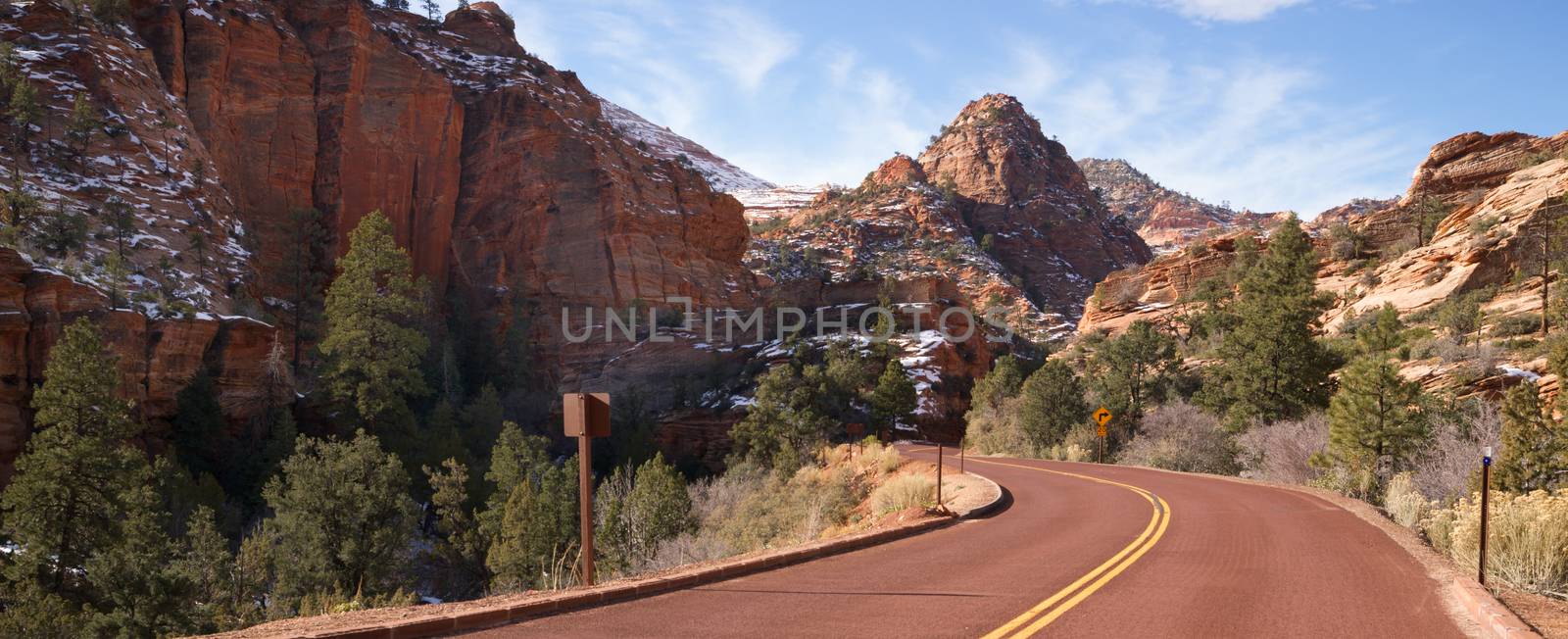 The road winds through canyons of Zion National Park