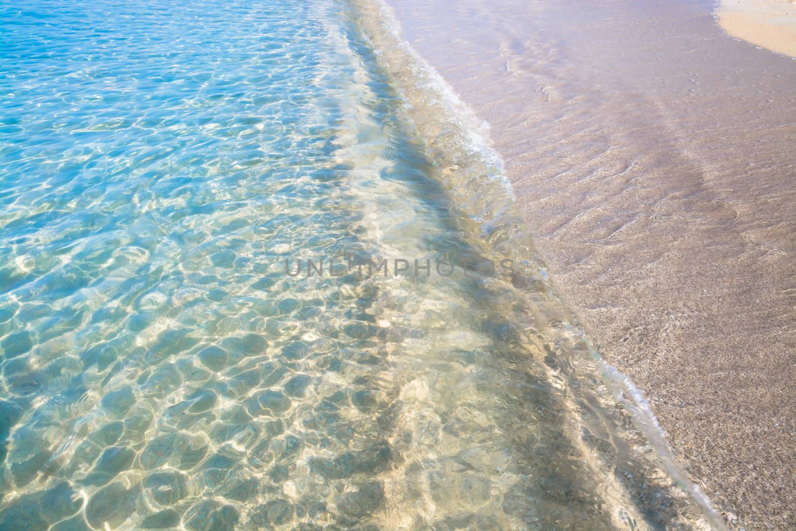 Waters edge. Closeup of sandy beach with crystal clear water, Mallorca, Balearic islands, Spain.