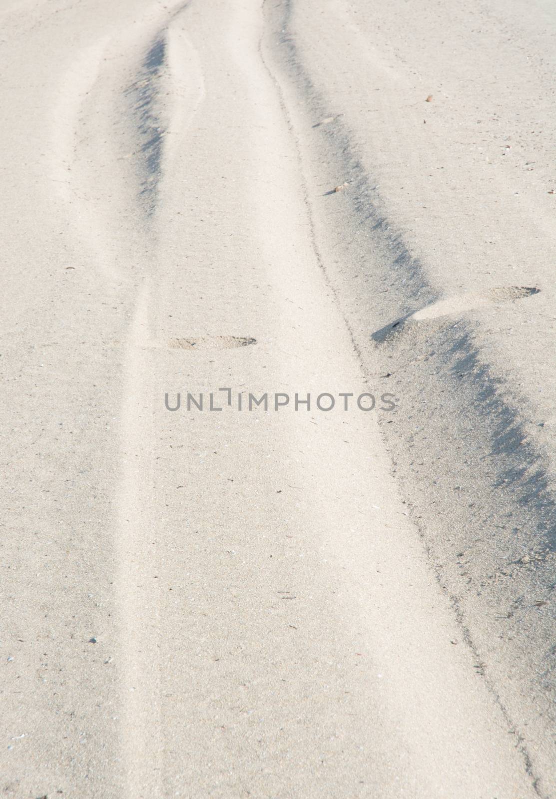 Sand tracks and footprints. Mallorca, Balearic islands, Spain.