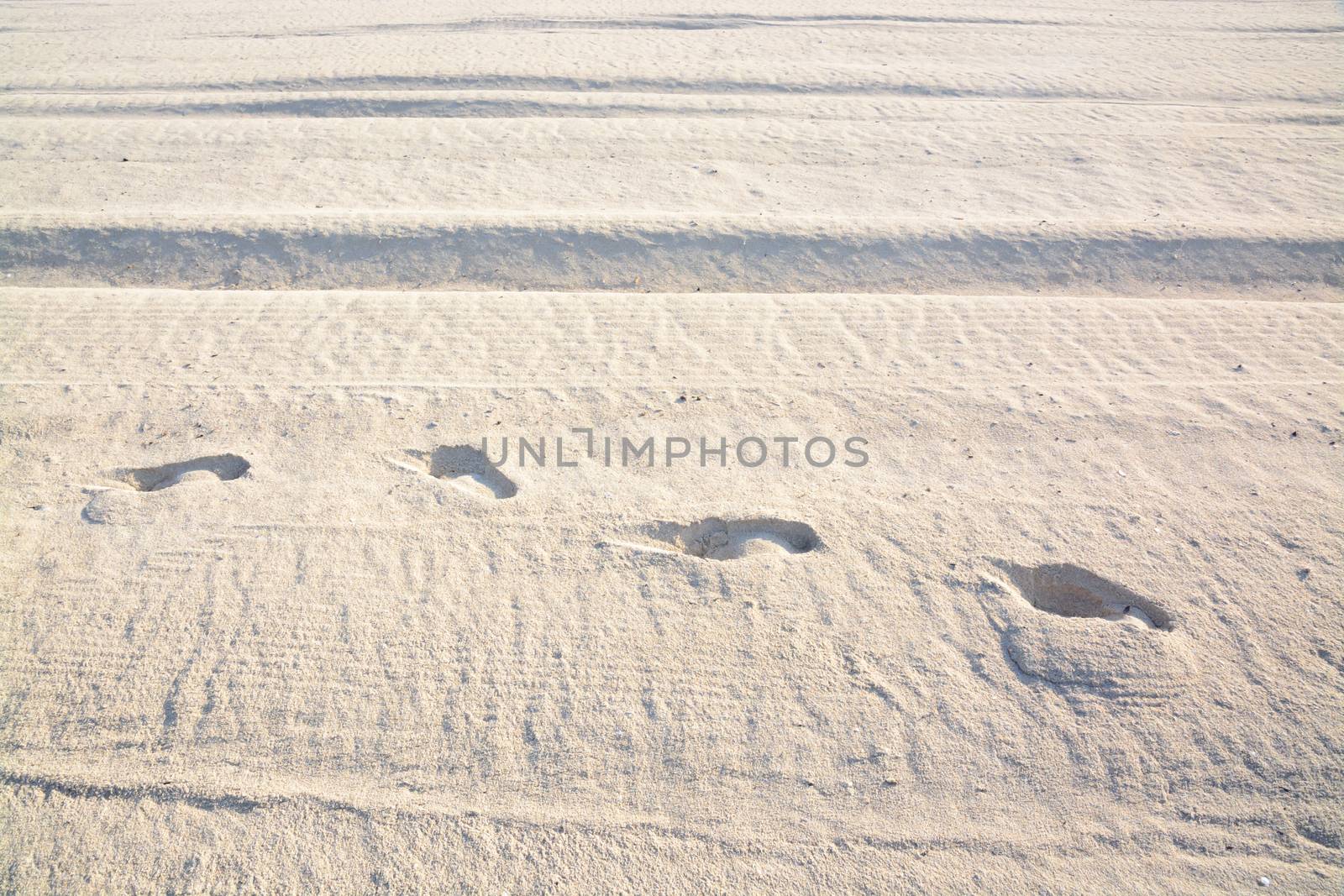 Sand tracks and footprints. Mallorca, Balearic islands, Spain.