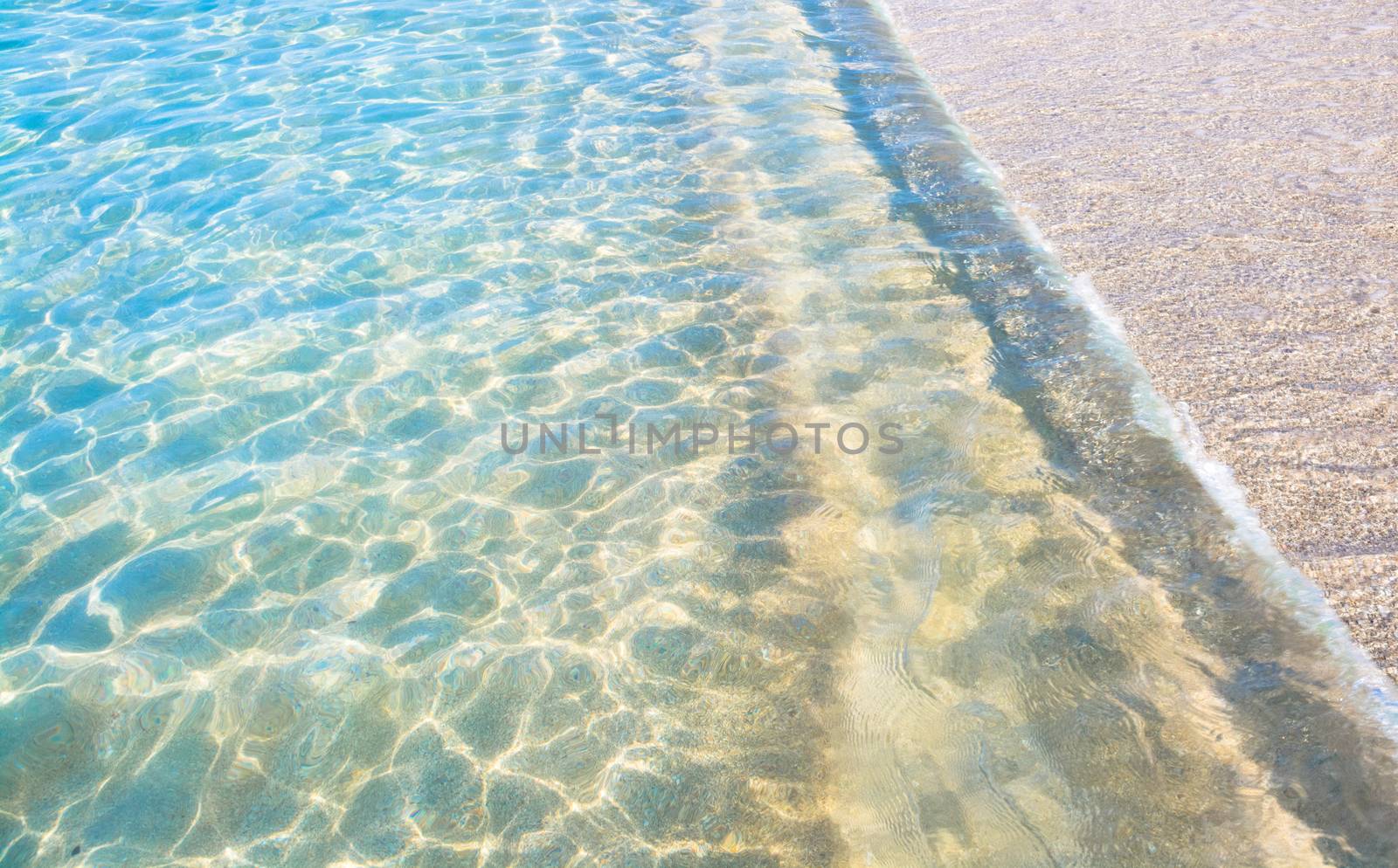 Waters edge. Closeup of sandy beach with crystal clear water, Mallorca, Balearic islands, Spain.