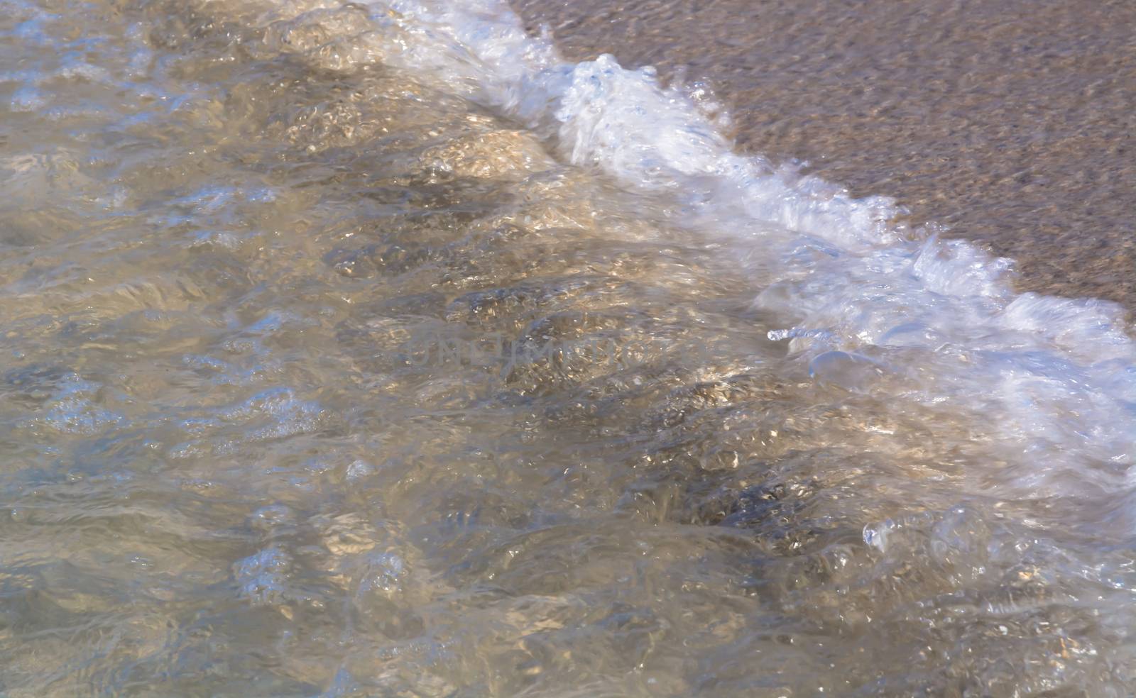 Waters edge. Closeup of sandy beach with crystal clear water, Mallorca, Balearic islands, Spain.