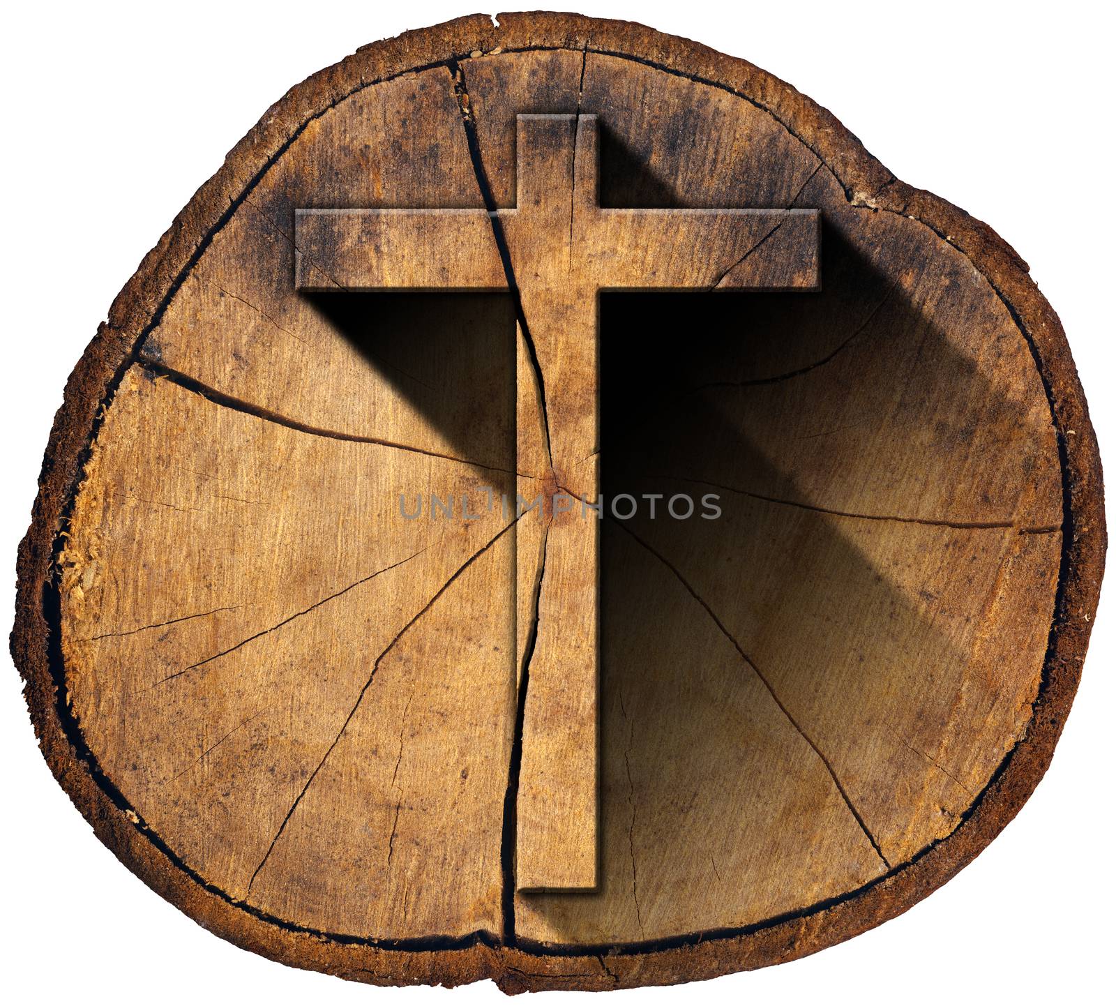 Wooden Christian cross on a section of tree trunk isolated on white background