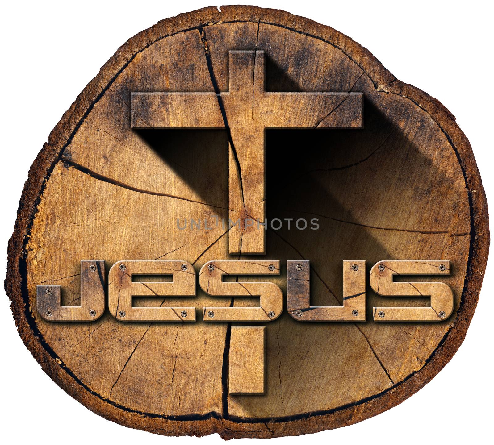 Wooden Christian cross on a section of tree trunk with text Jesus isolated on white background