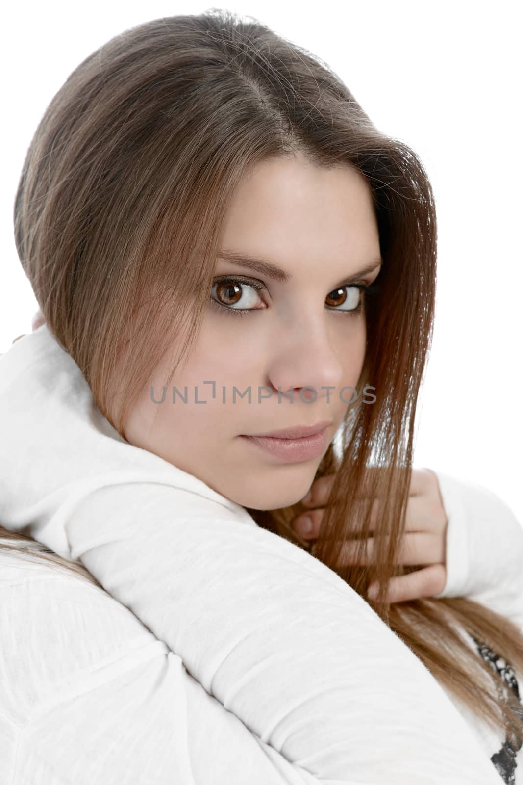image of a girl with hands in her hair and white background