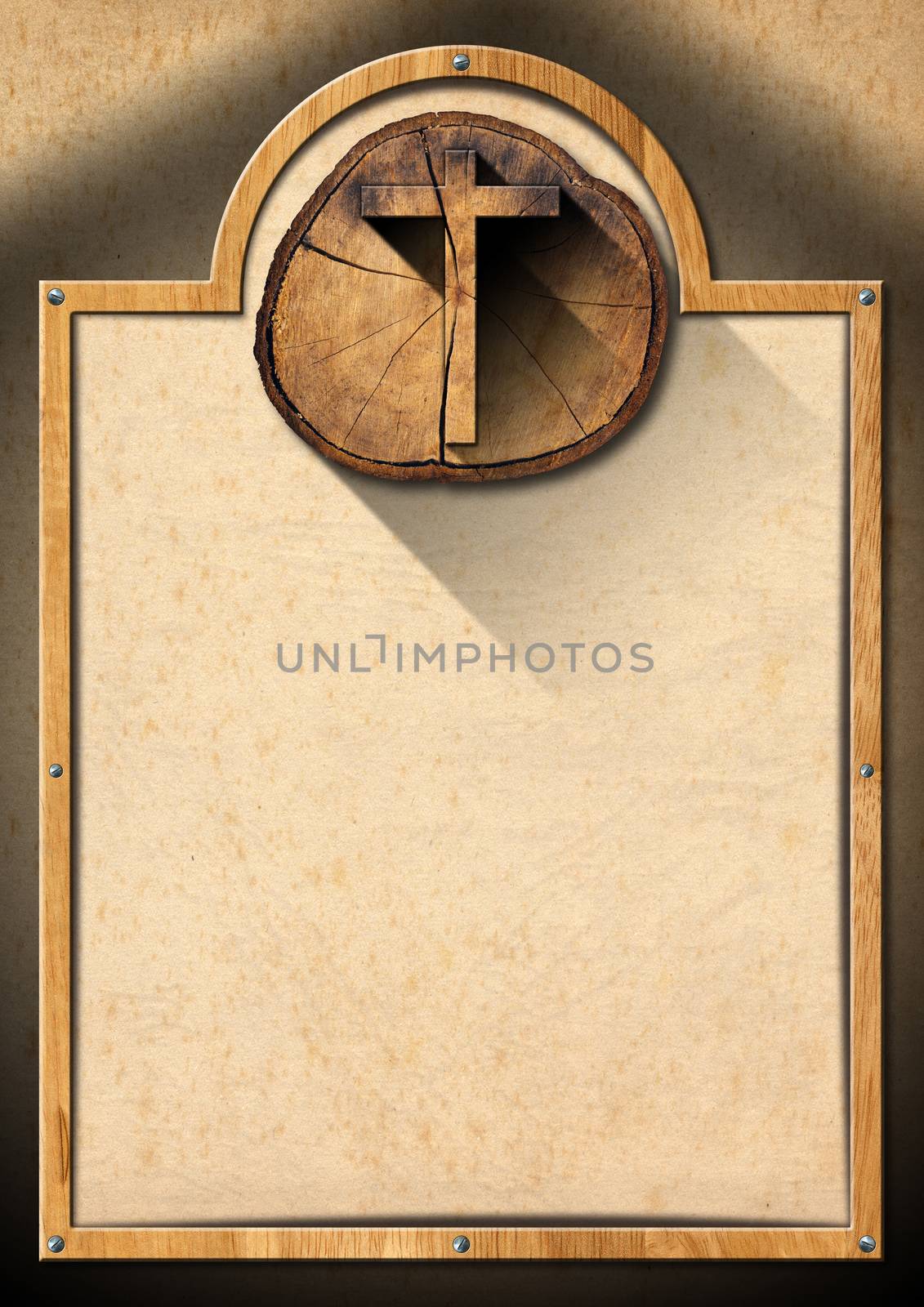 Christian background with wooden frame and wooden cross on a section of tree trunk