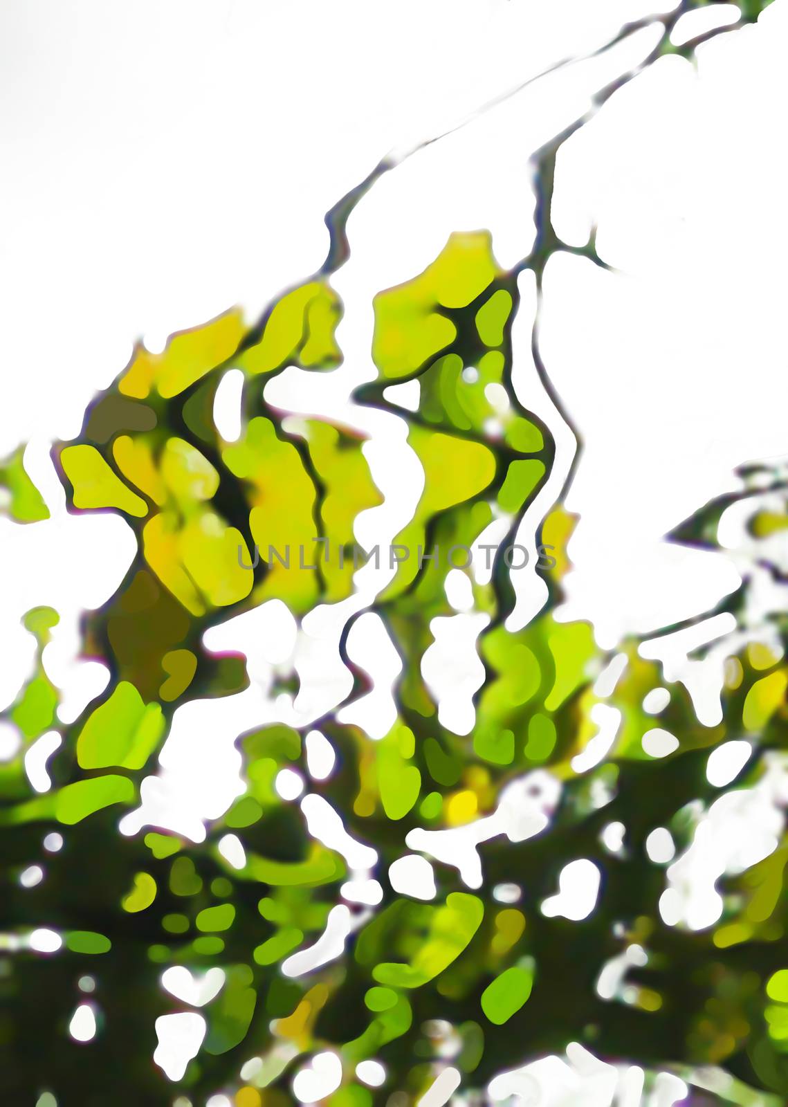 Green leaves water surface. Abstract water surface reflecting green leaves, vertical digital painting for background.
