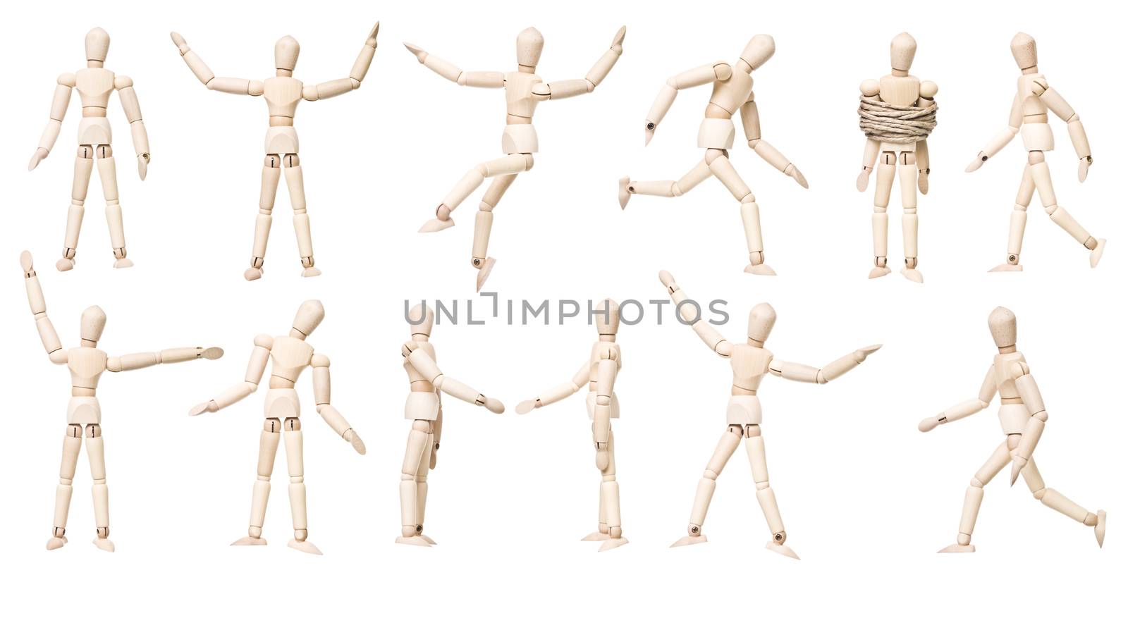 Large group of Mannequin Dolls with different expression isolated on white background