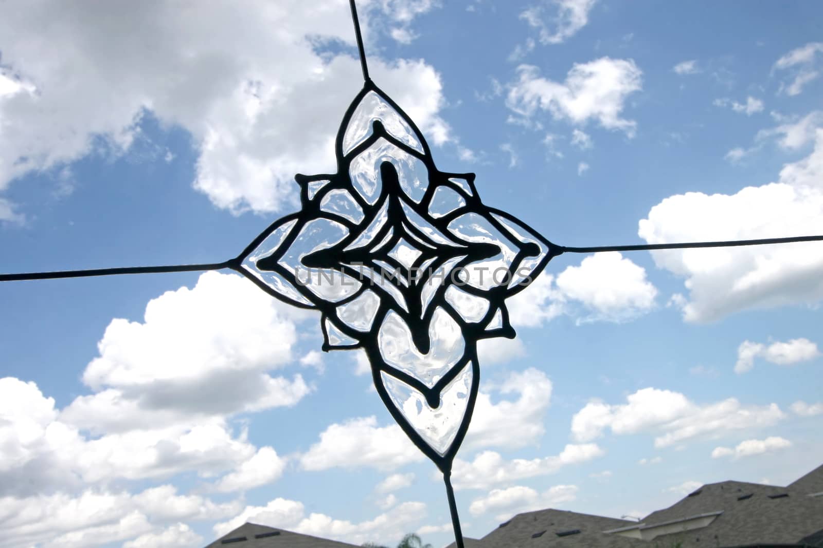 Window art, a geometric pattern looking out to the sky