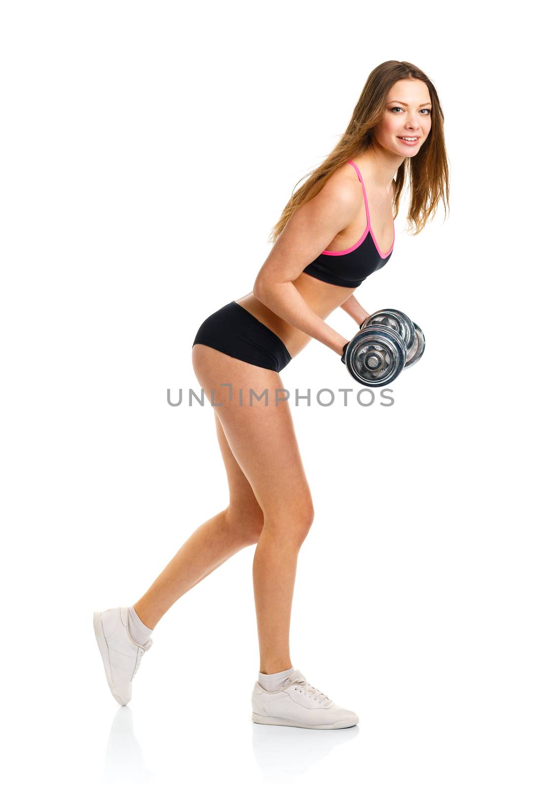 Beautiful athletic woman with dumbbells doing sport exercise, is by vlad_star