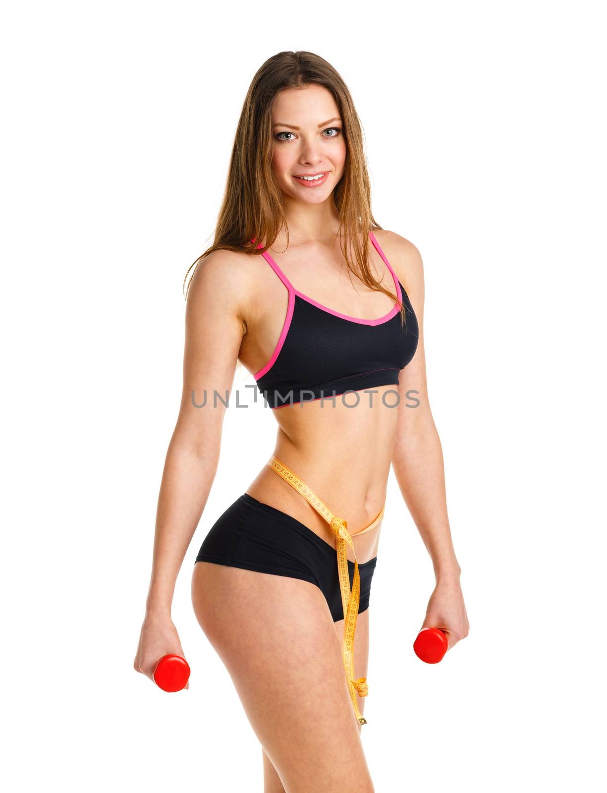 Beautiful athletic woman with dumbbells and with measuring tape  by vlad_star