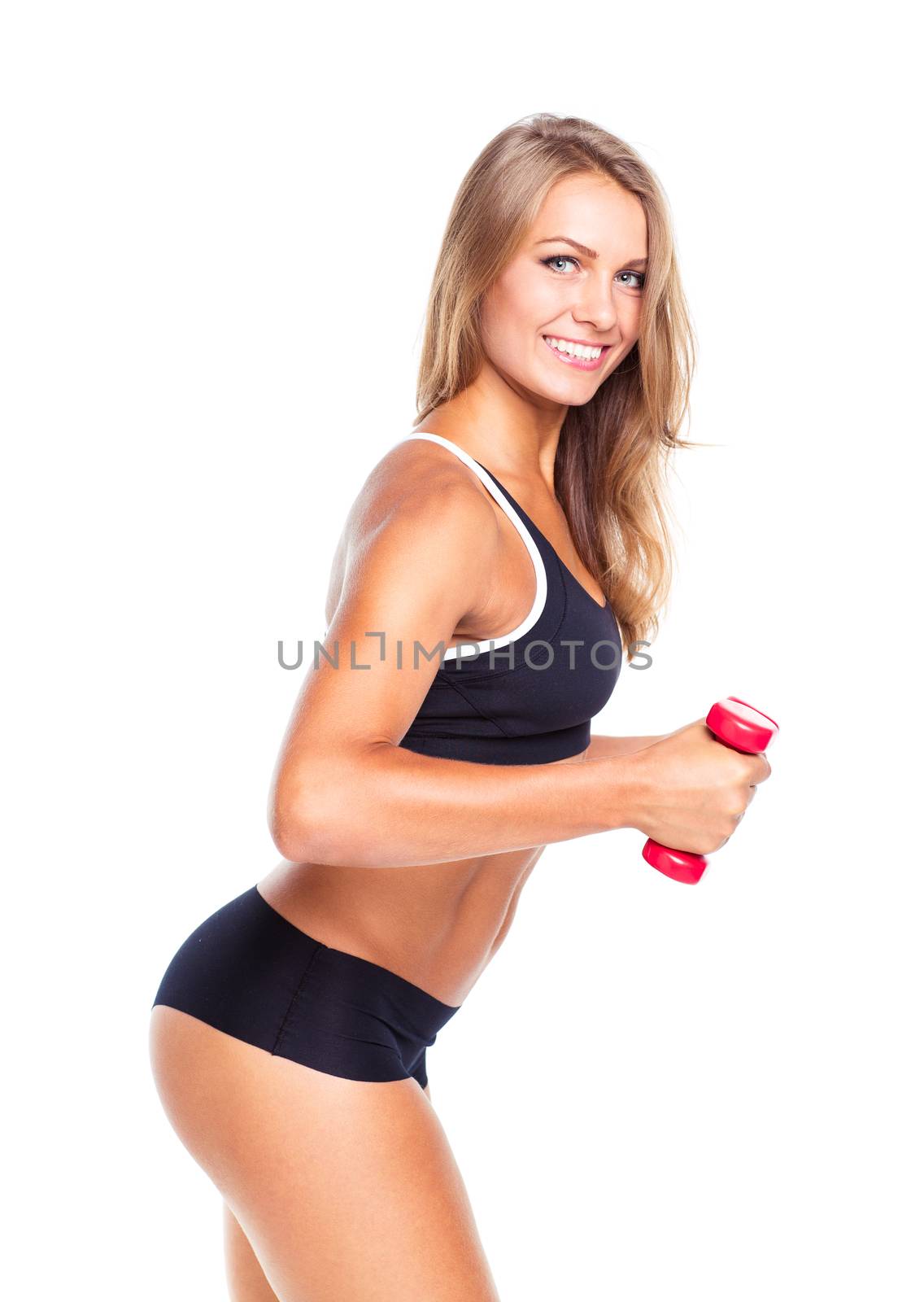 Beautiful slim woman with dumbbells, isolated on white background