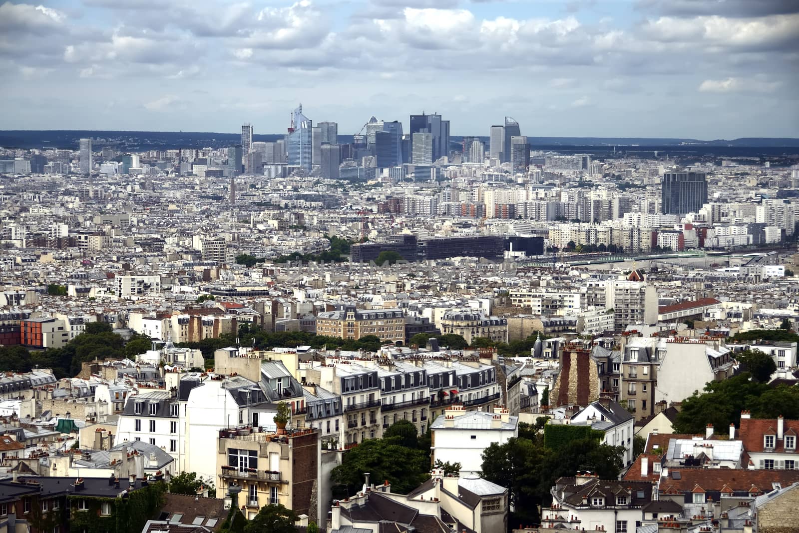 Landscape view of "La Defense", Paris. Cloudy gray sky.