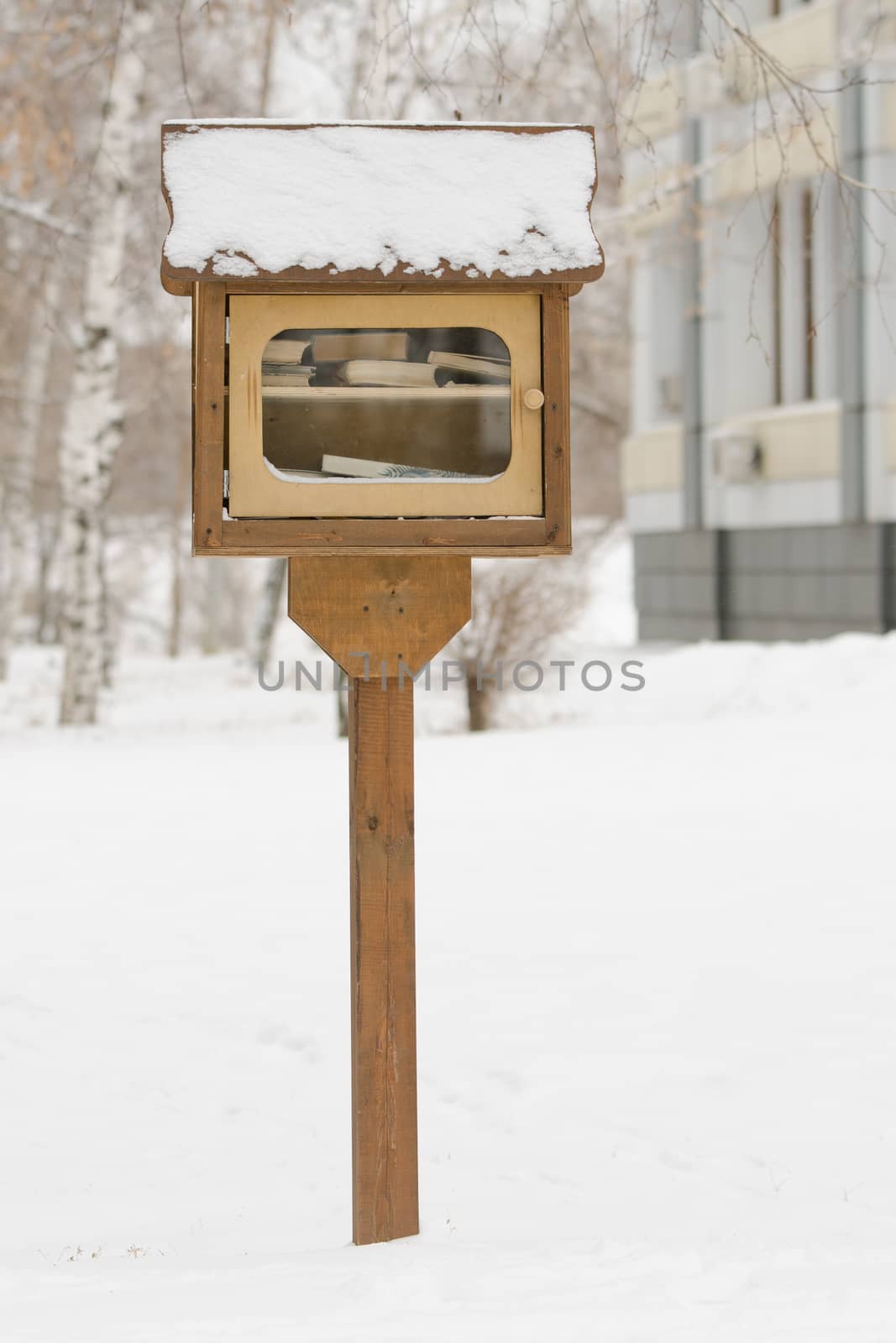 Street library in the form of a small booth with free books