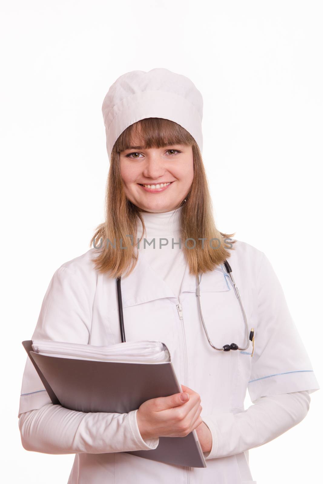 Portrait of medical worker in a white coat, hat, with documents