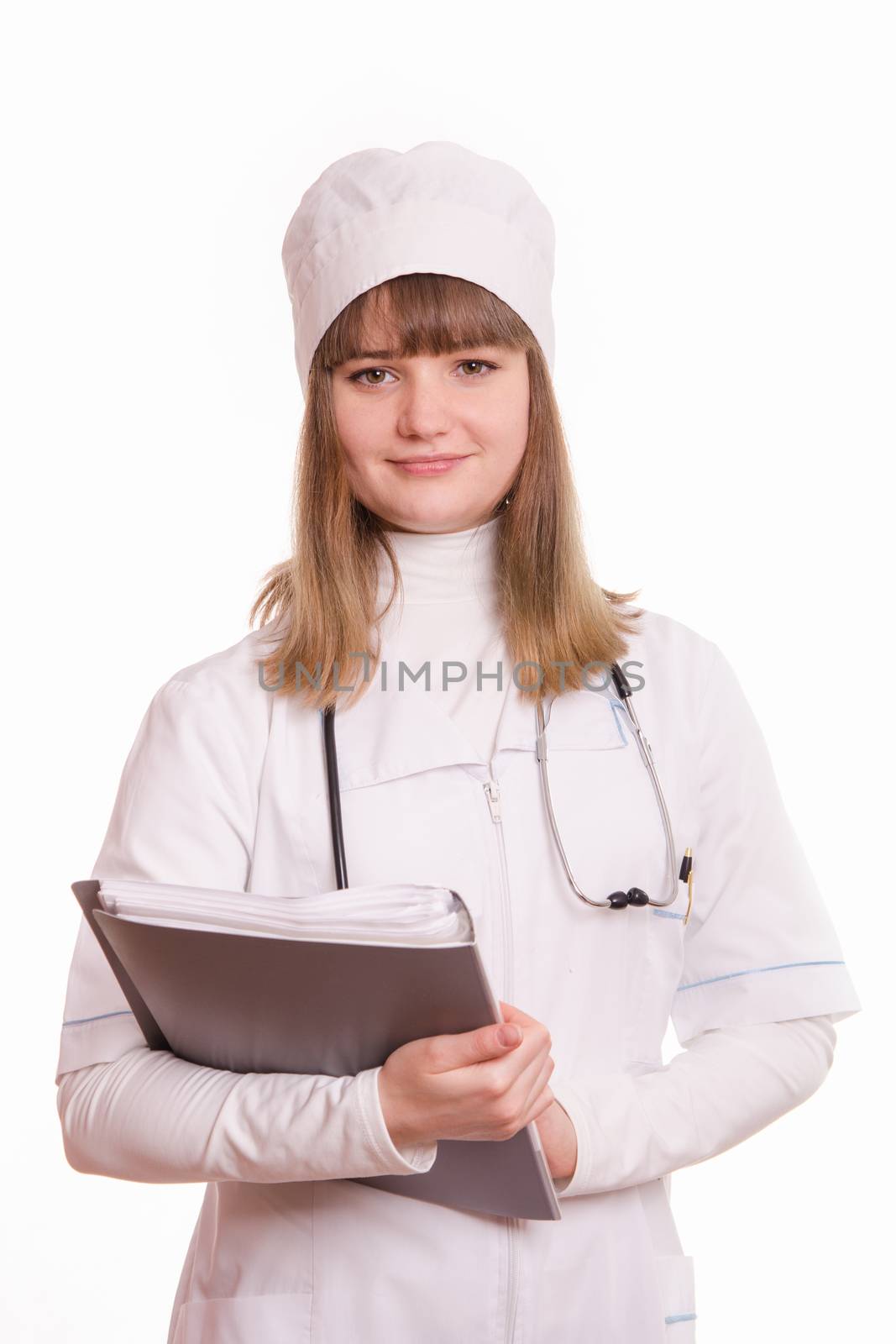 Portrait of medical worker in a white coat, hat, with documents