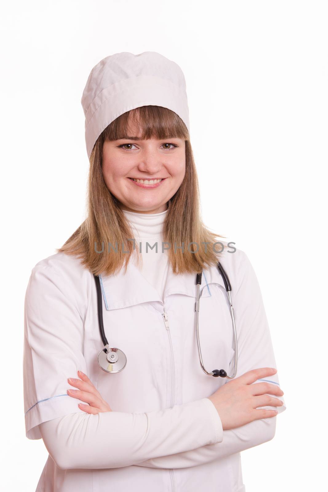 Portrait of medical worker in a white coat, hat