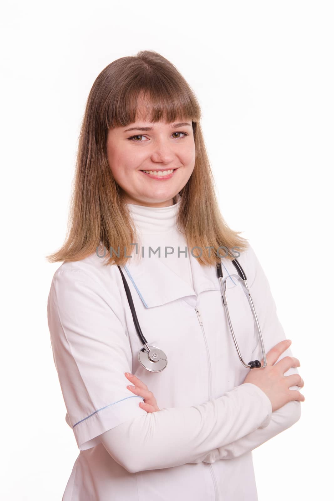 Portrait of medical worker in a white coat, hat