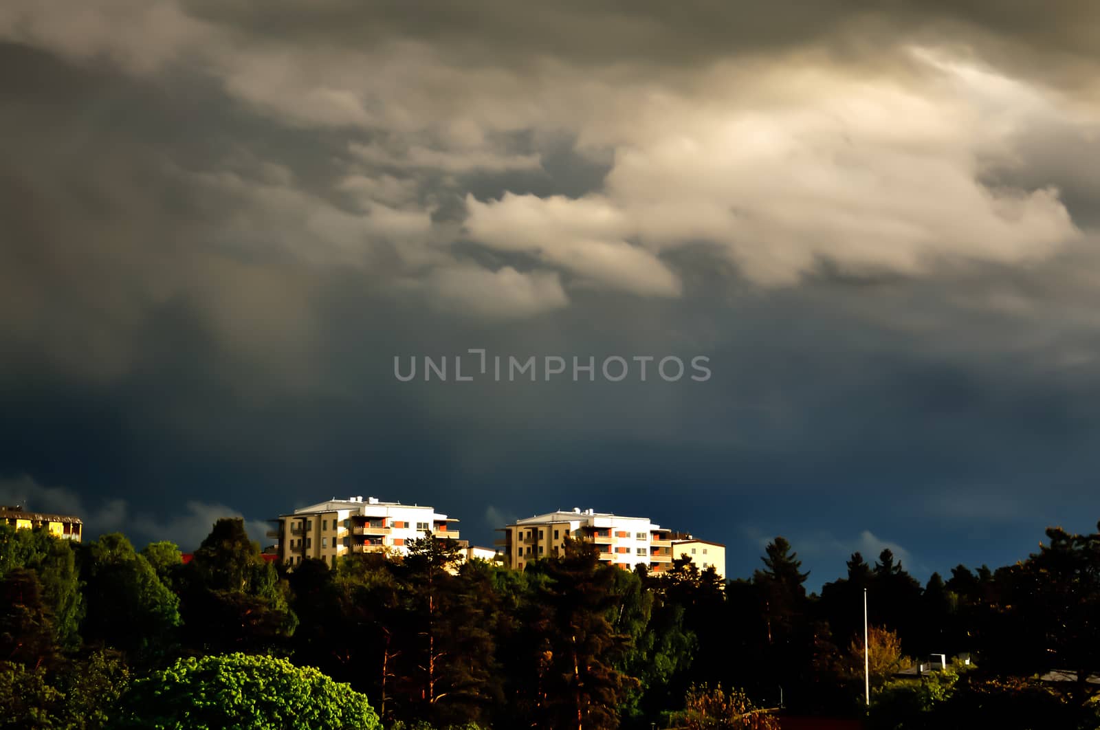 Blackeberg view on a summerday with approaching thunderstorm. Stockholm, Sweden in May.