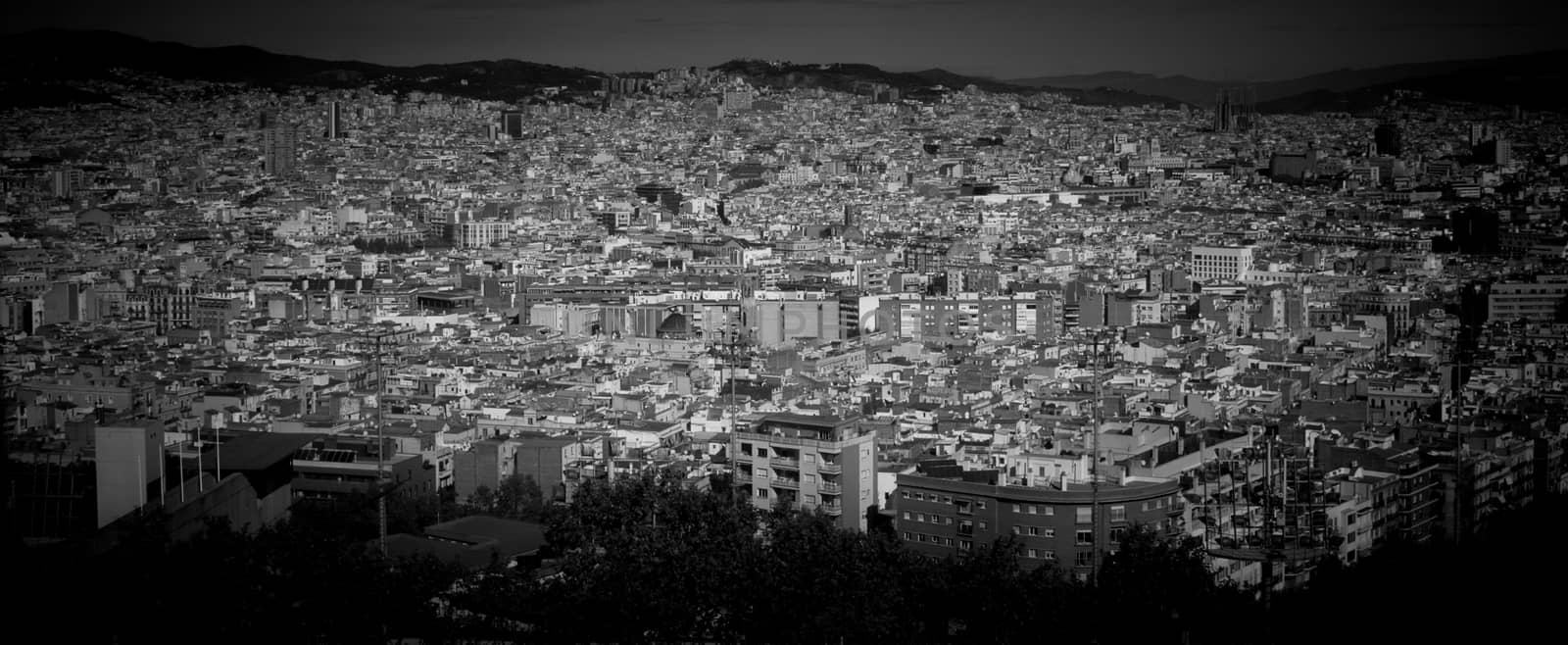 The dense building population of Barcelona Spain, in black and white.