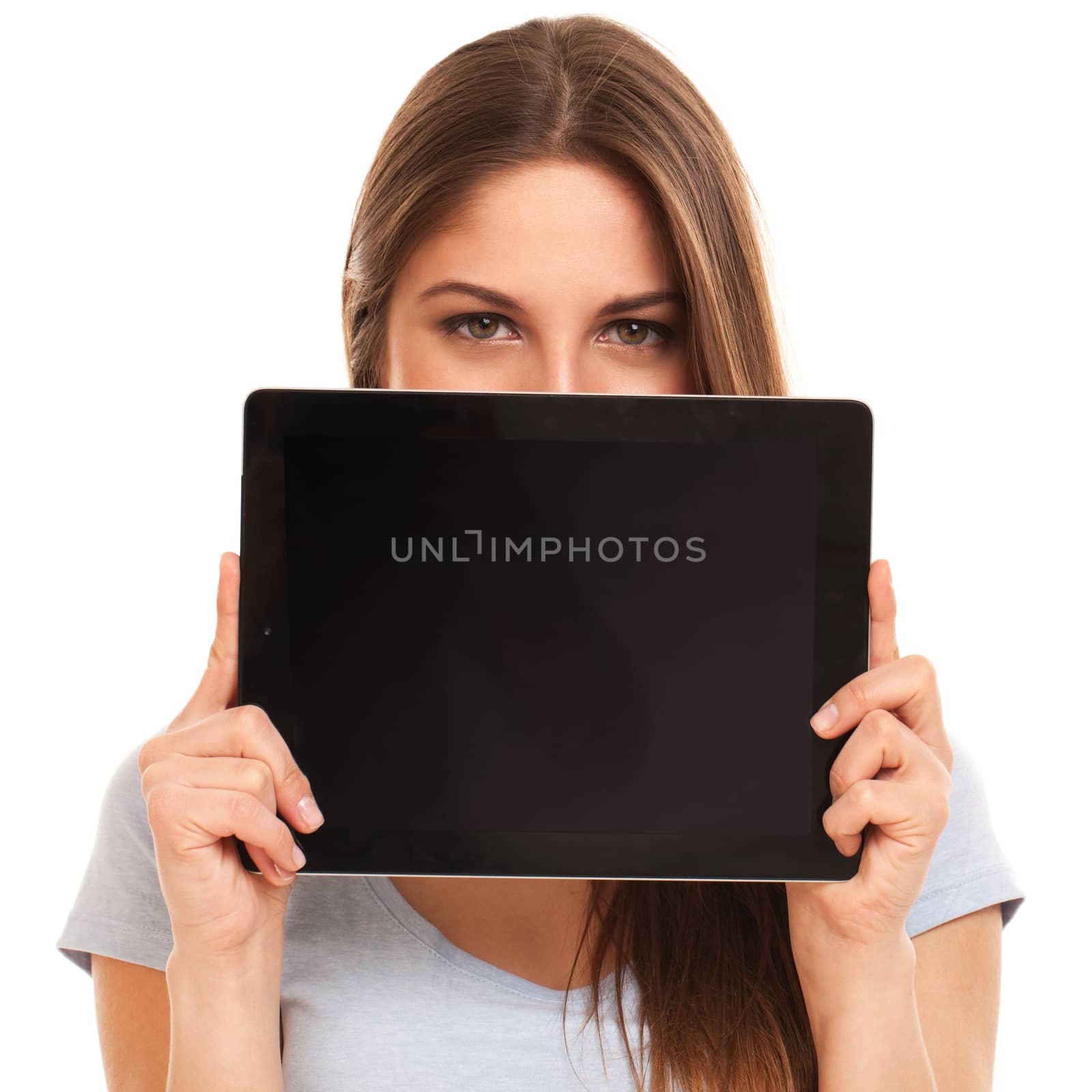 Young caucasian woman with tablet PC over white background